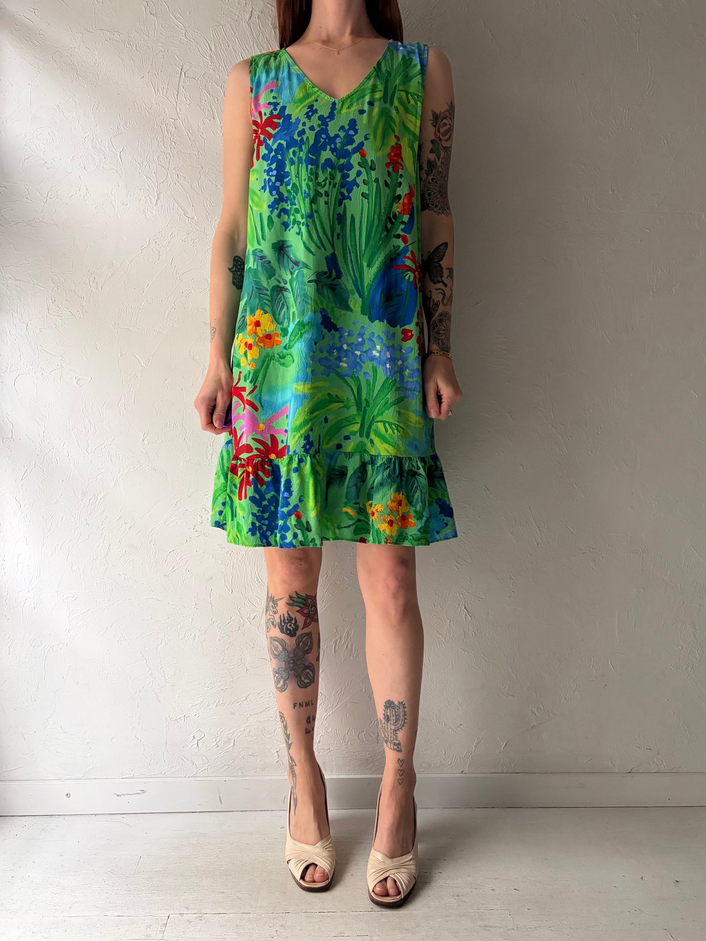 90s 'Jams World' Green Floral Retro Mini Dress / Vintage 1990s Summer Beach Dress / Medium