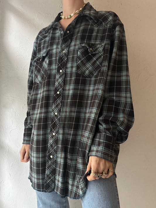 Y2k 'Wrangler' Blue Plaid Snap up Shirt / XL
