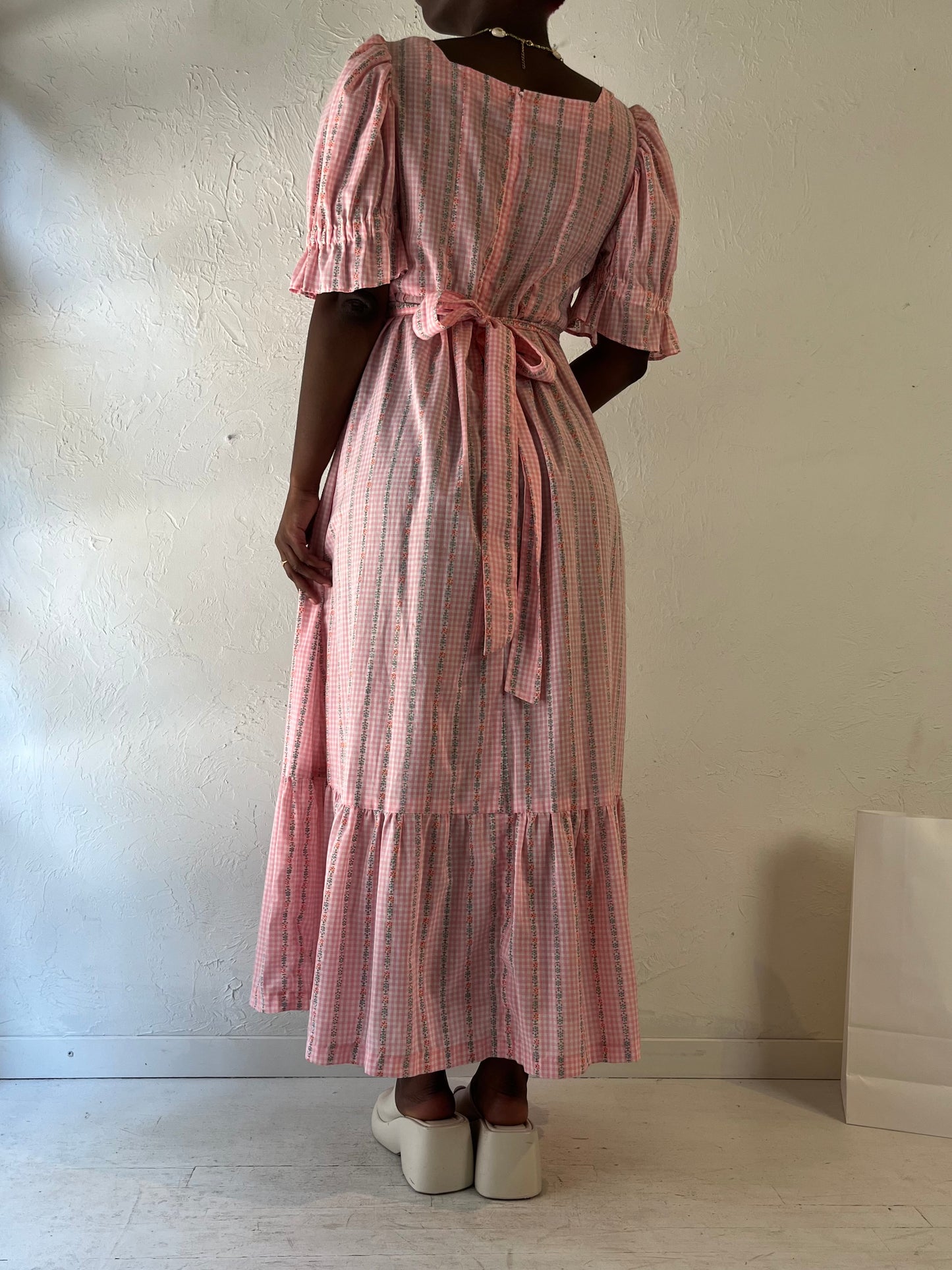 Vintage Pink Gingham Peasant Dress / Medium