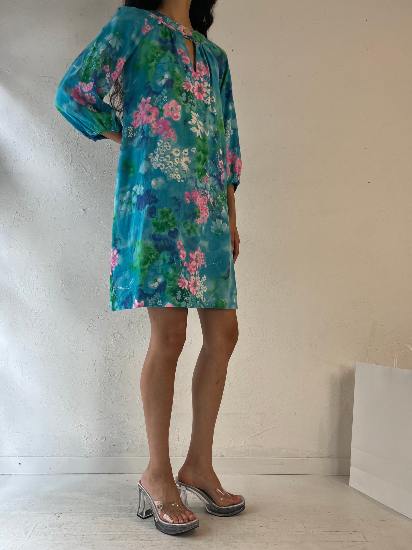 70s Handmade Blue Floral Shift Dress / Small