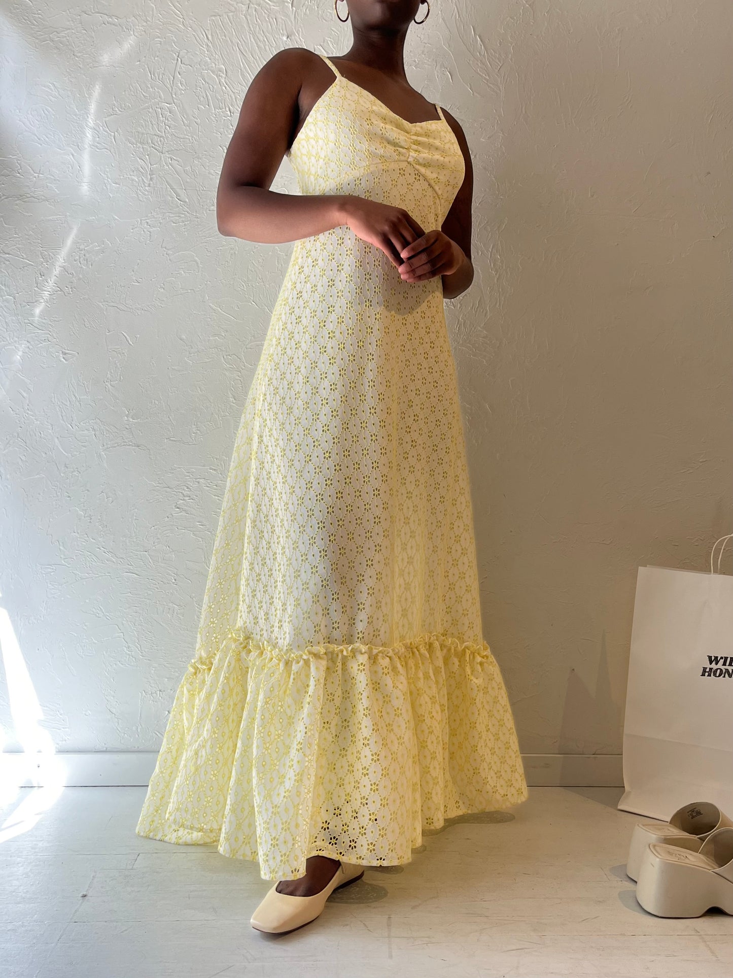 Vintage Handmade Yellow Eyelet Maxi Dress / Medium