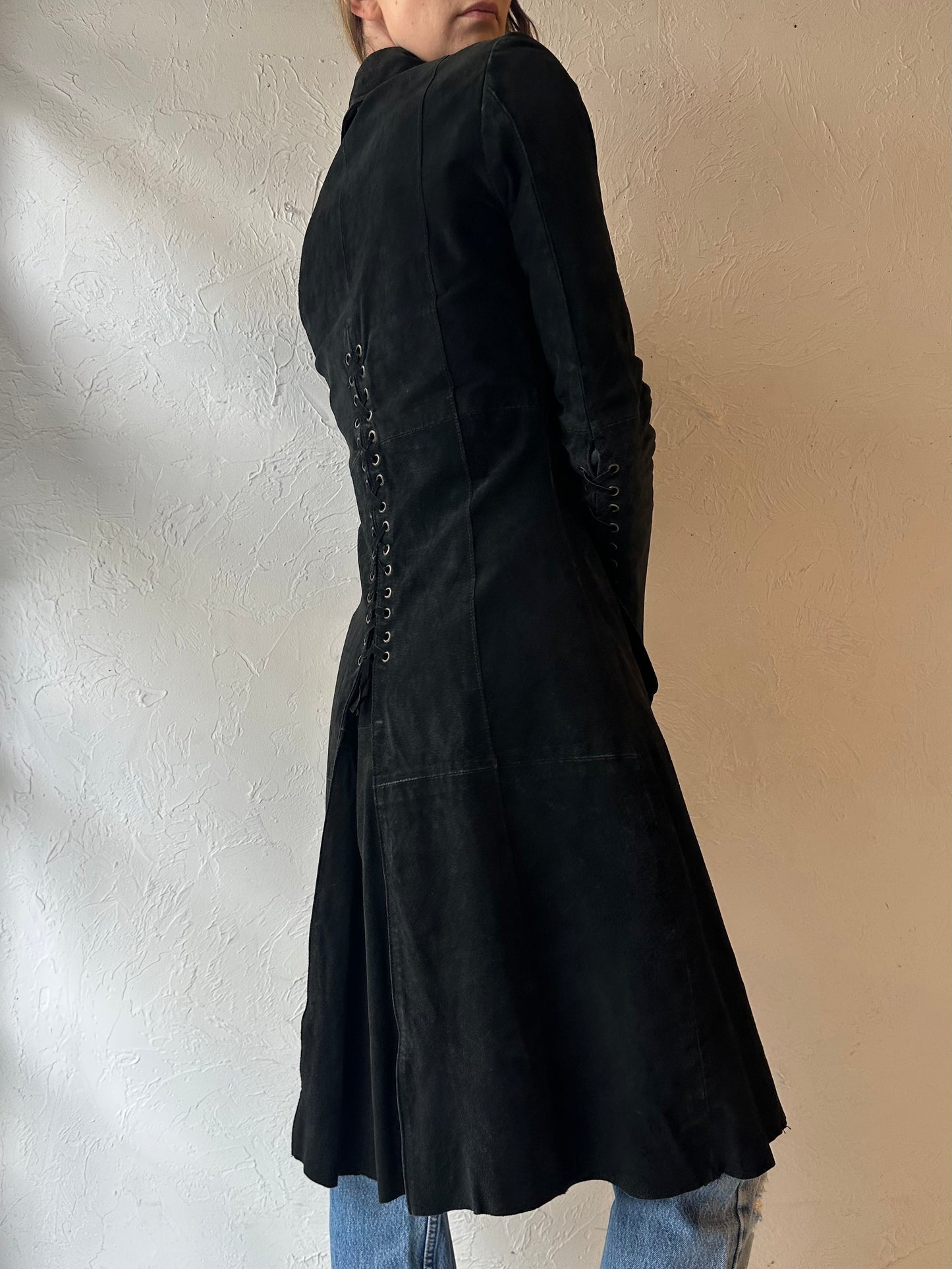 'La Mode Super' Black Suede Trench Coat / Small