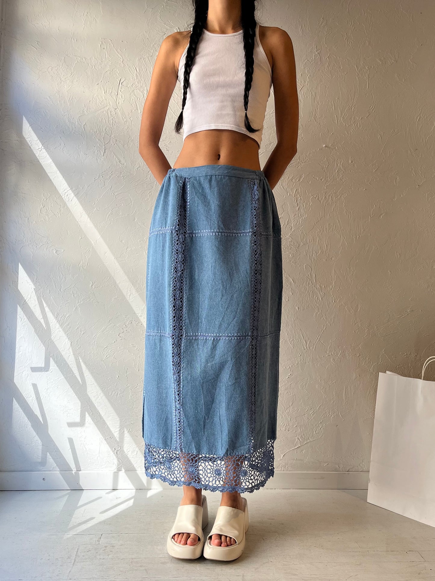 90s 'Kroshetta' Denim Maxi Skirt / Medium