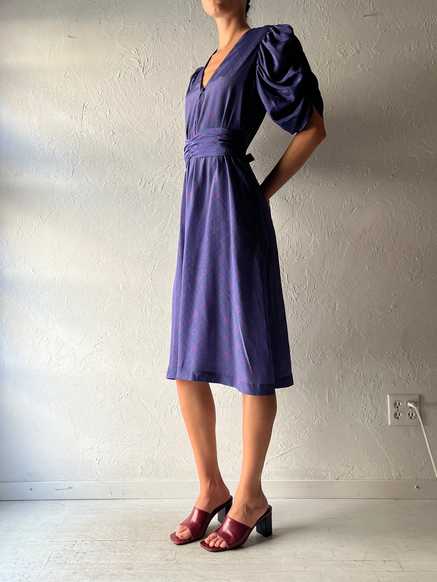 80s 'Meira' Puff Sleeve Retro Midi Dress / Small