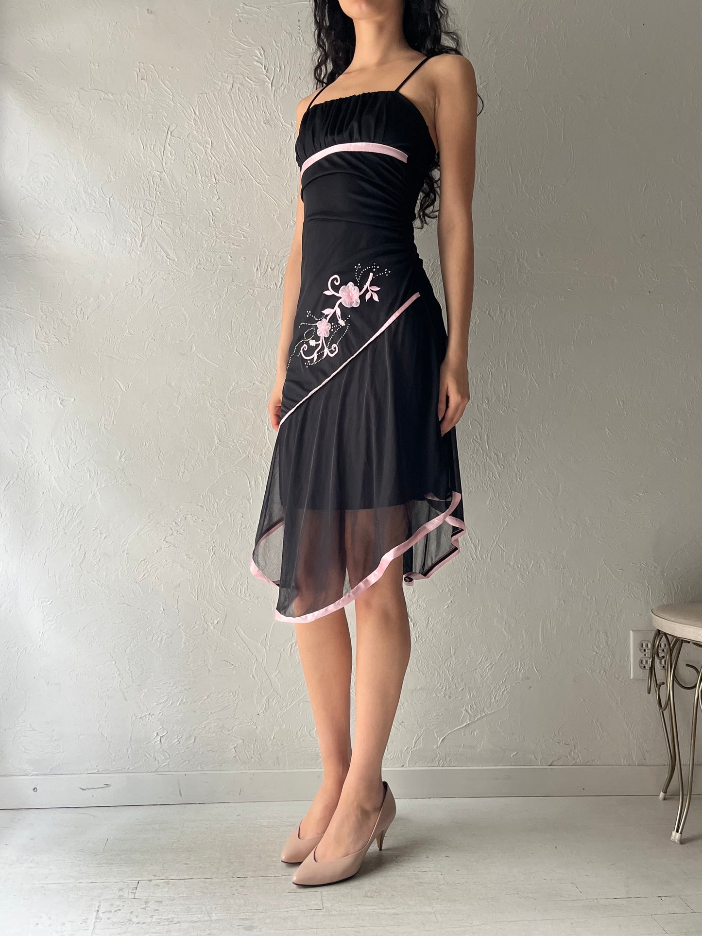 Y2k Black Assymetical Mesh Spring Midi Dress / XS