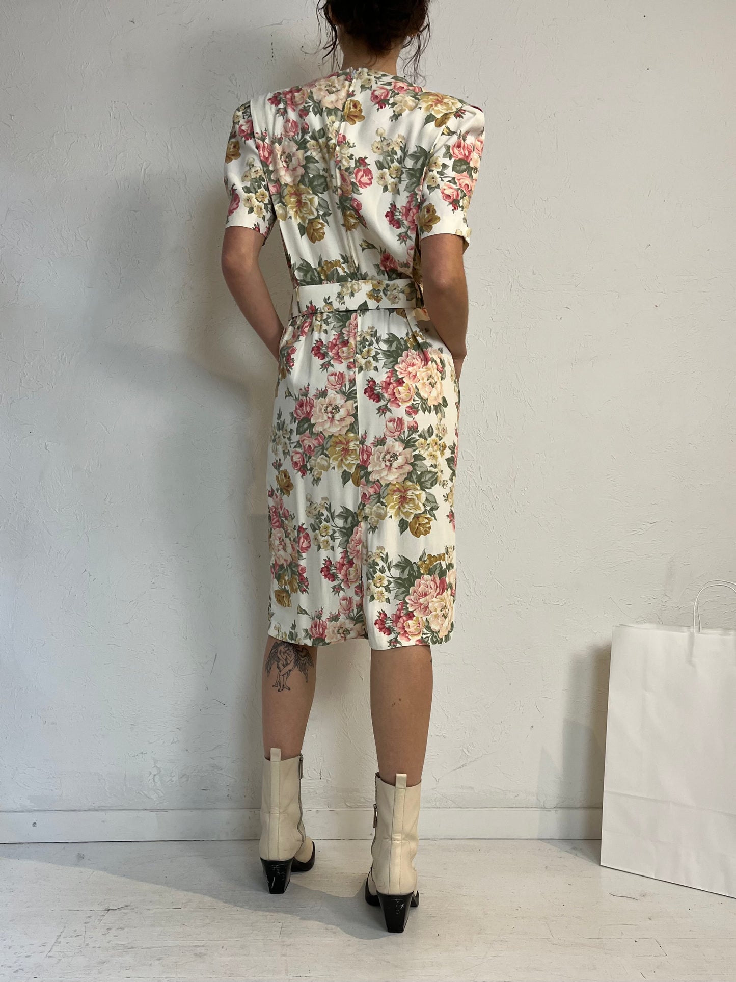 80s 'SL Fashions' Floral Print Midi Dress / Medium