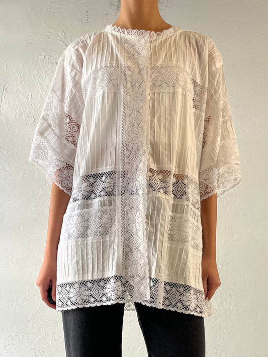 70s White Lace Button Up Blouse / Cover Up / Medium