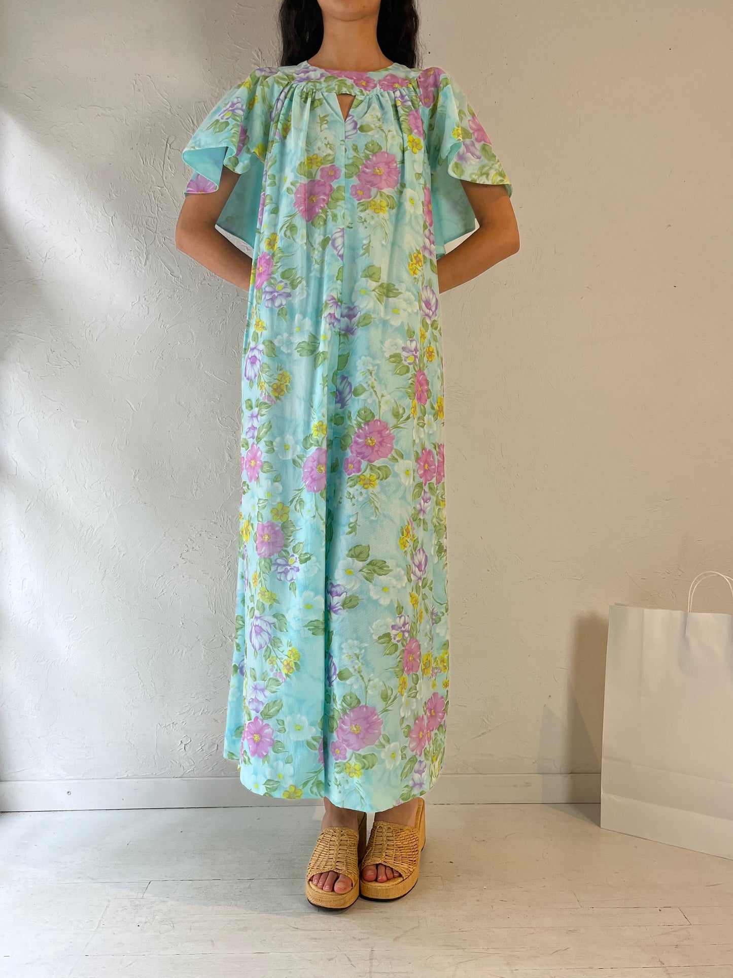 70s Handmade Blue Floral Kaftan Dress / Medium