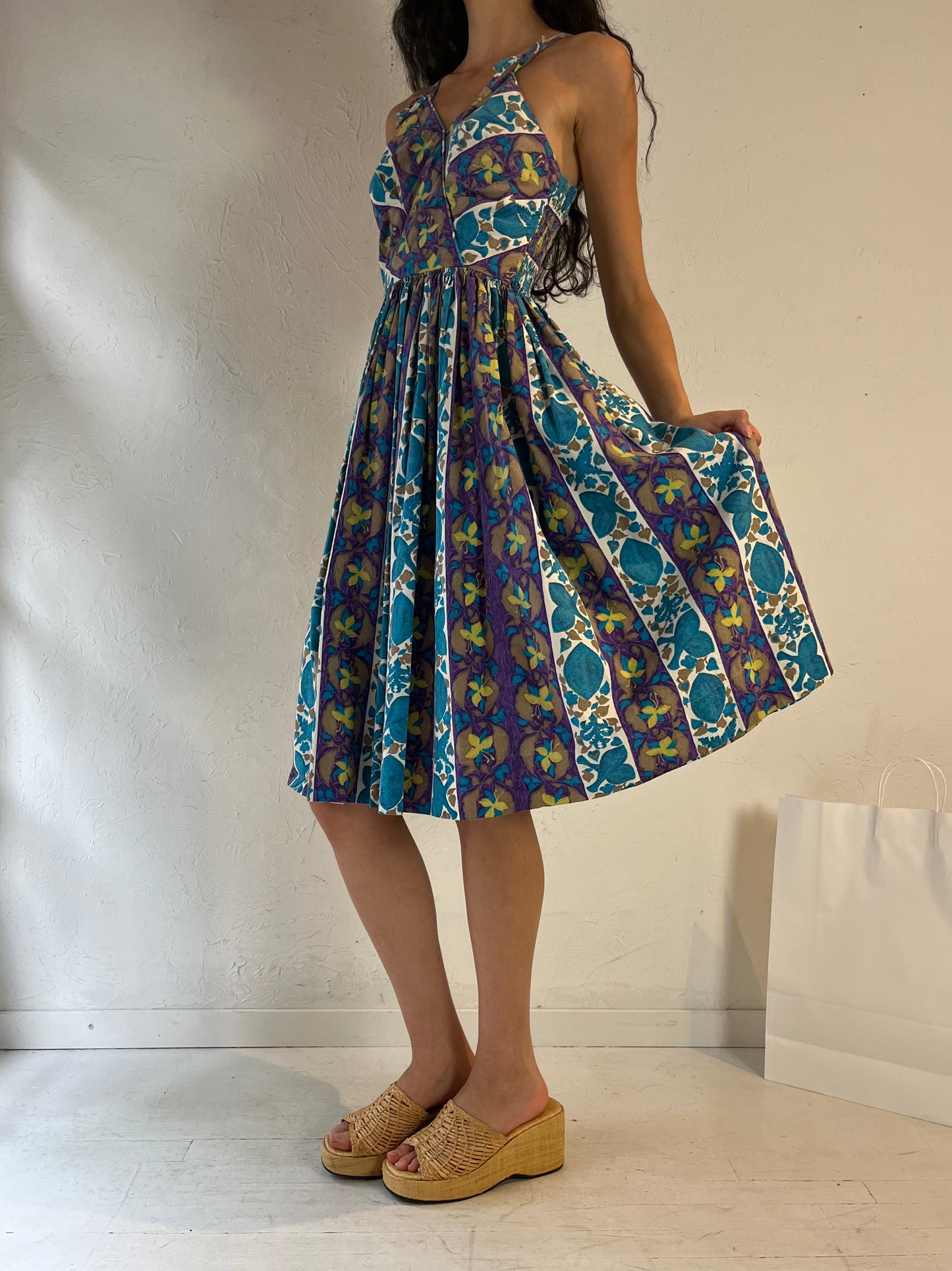 Vintage Handmade Blue Floral Midi Dress / Small