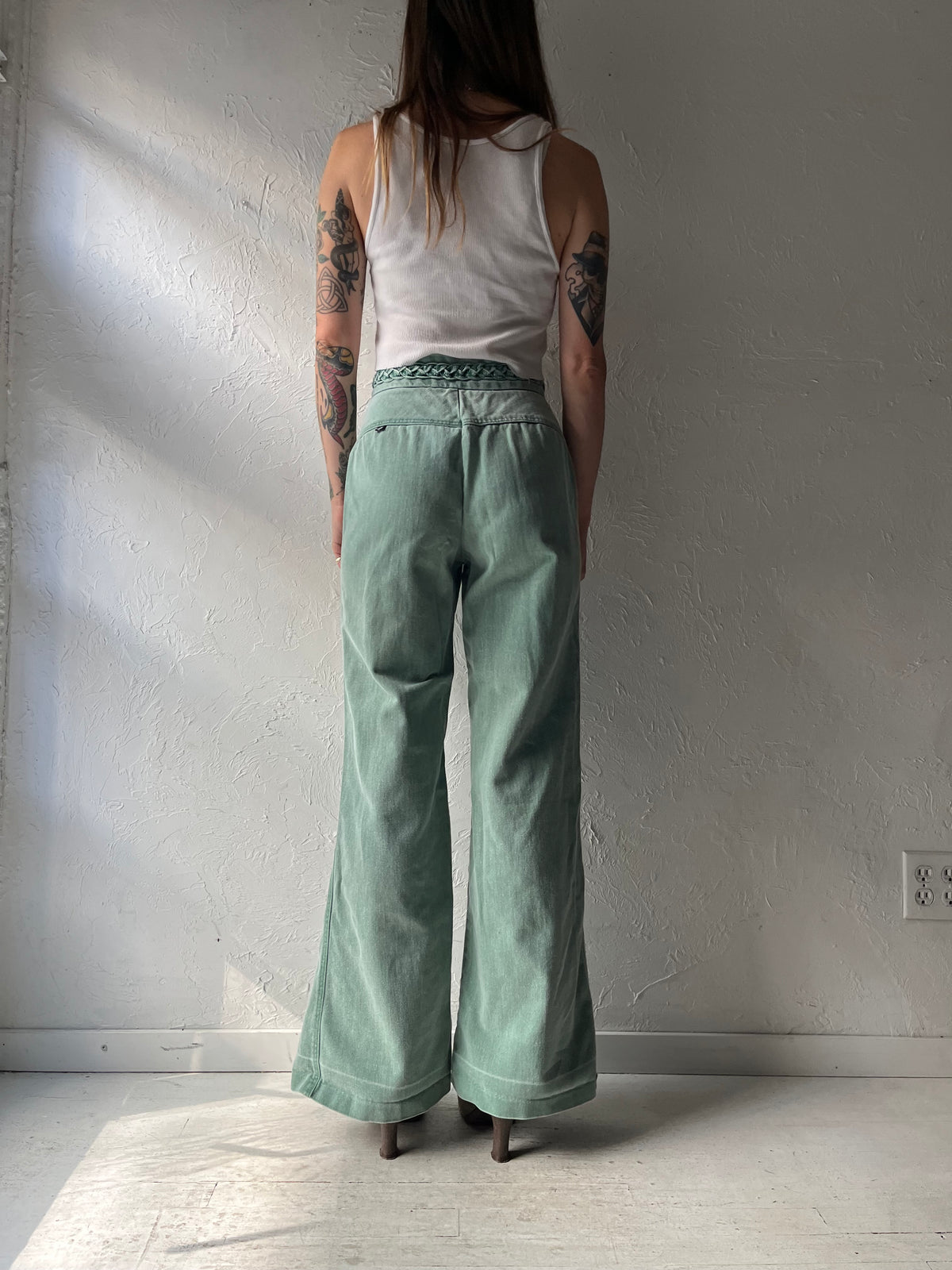 70s 'Whats In A Name' Green Bell Bottom Retro Jeans / Small