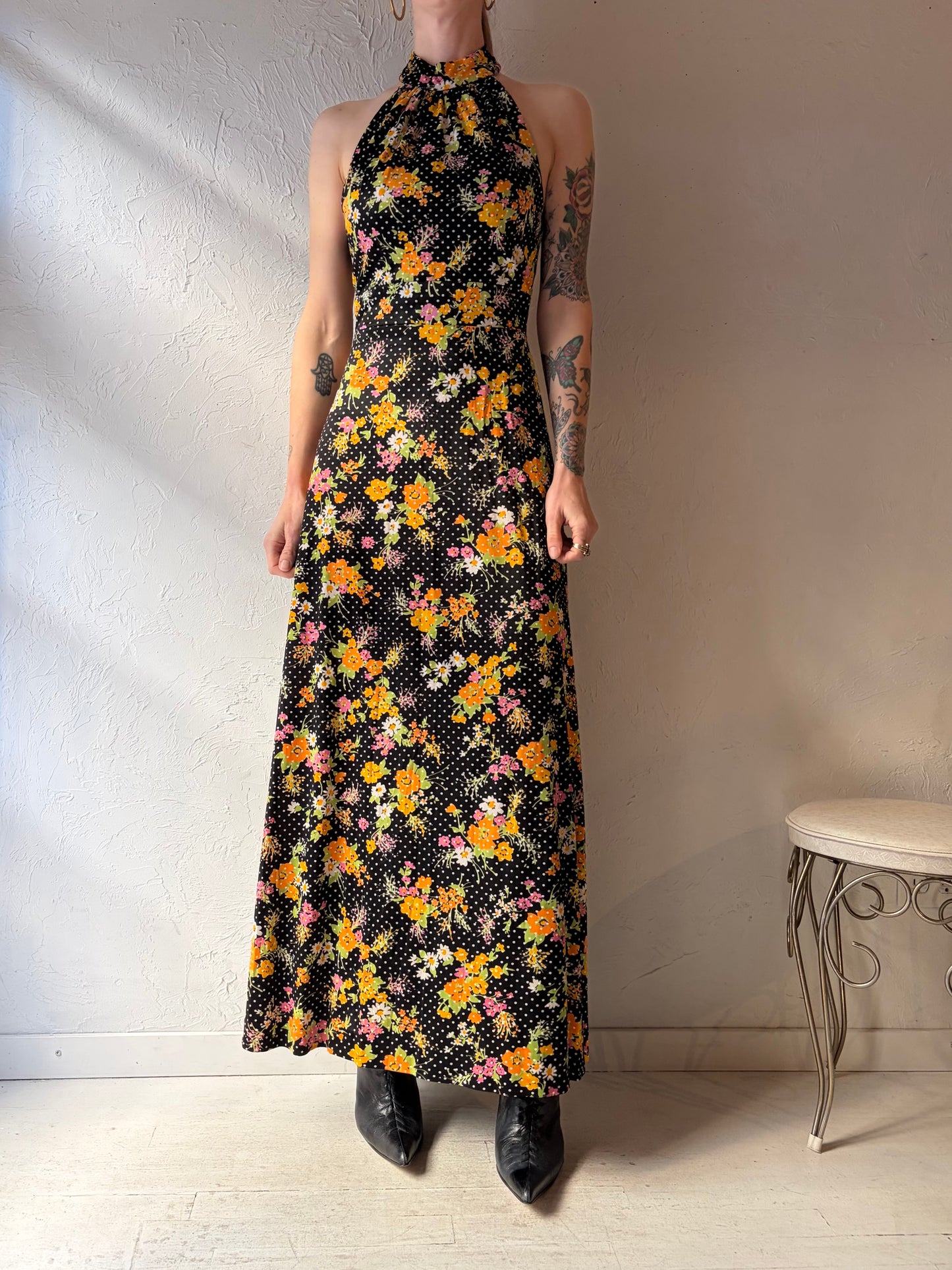 60s 70s Union Made Black Floral Hippie Halter Maxi Dress