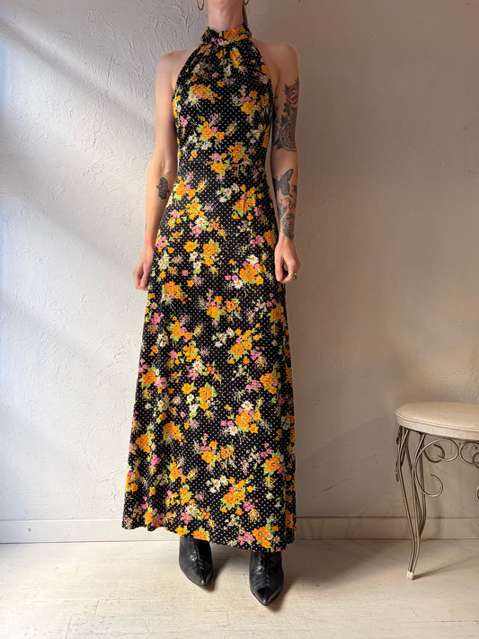 60s 70s Union Made Black Floral Hippie Halter Maxi Dress