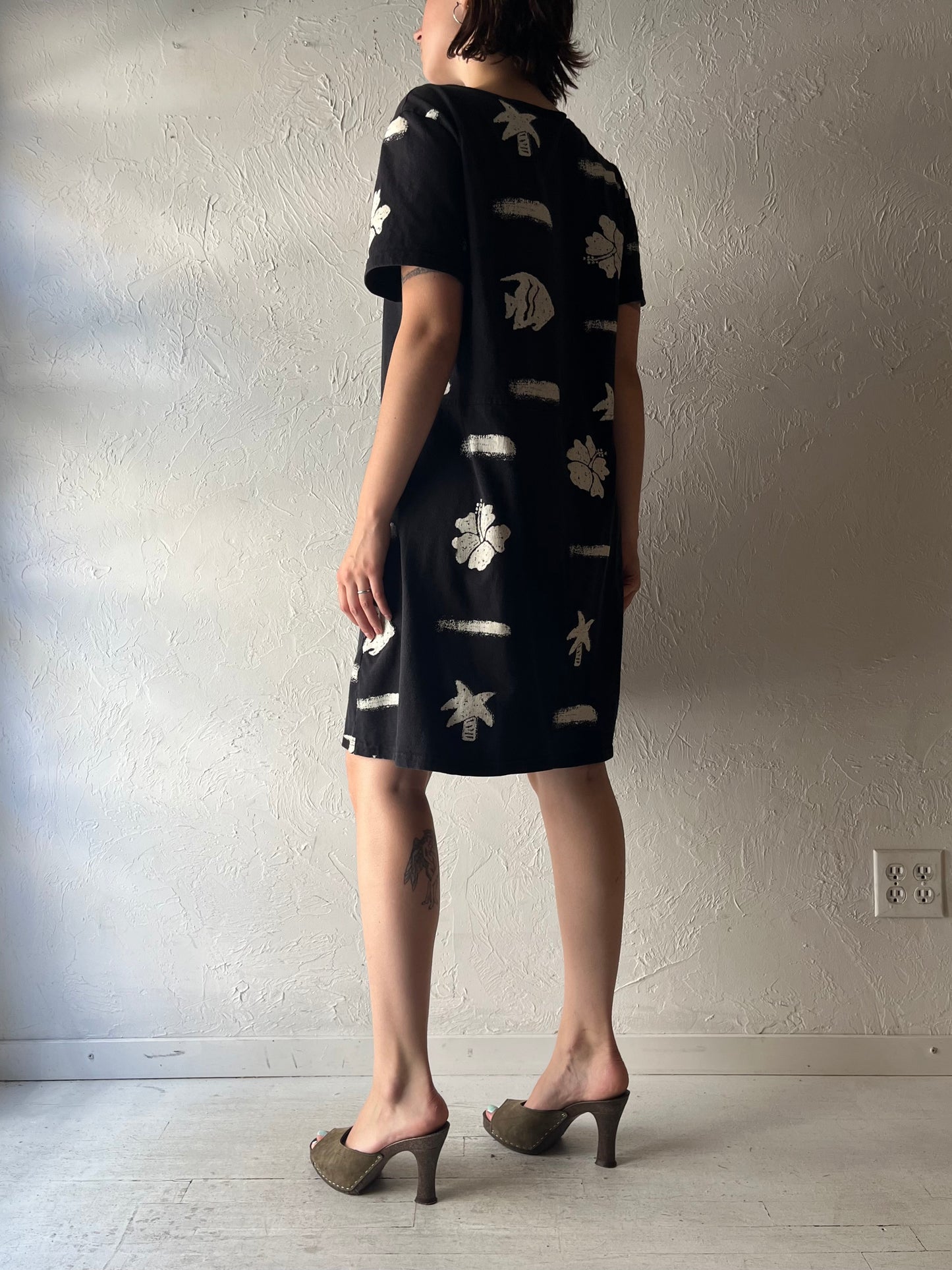 90s 'Red Ginger' Black Cotton Beach Dress / Large