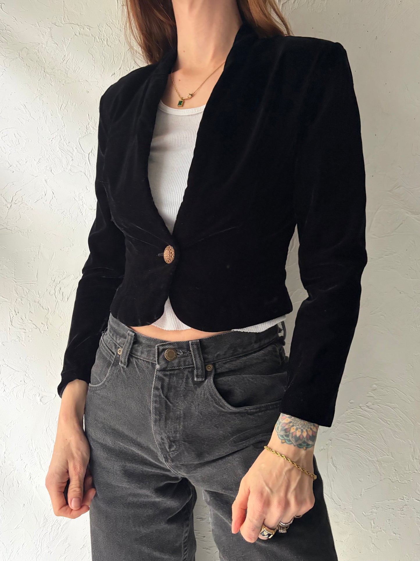 80s 'Orite Petites' Black Velvet Party Blazer / Vintage 1980s Union Made Cropped Evening Jacket / Small