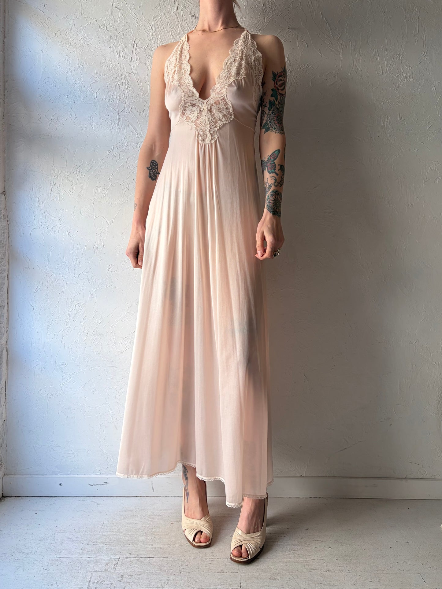80s 'Miss Elaine' Peach Lacey Maxi Slip Dress / Union Made / Small