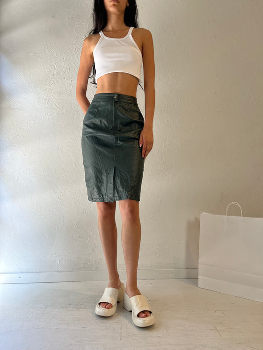 90s 'Cayenne' Green Leather Midi Skirt / Small