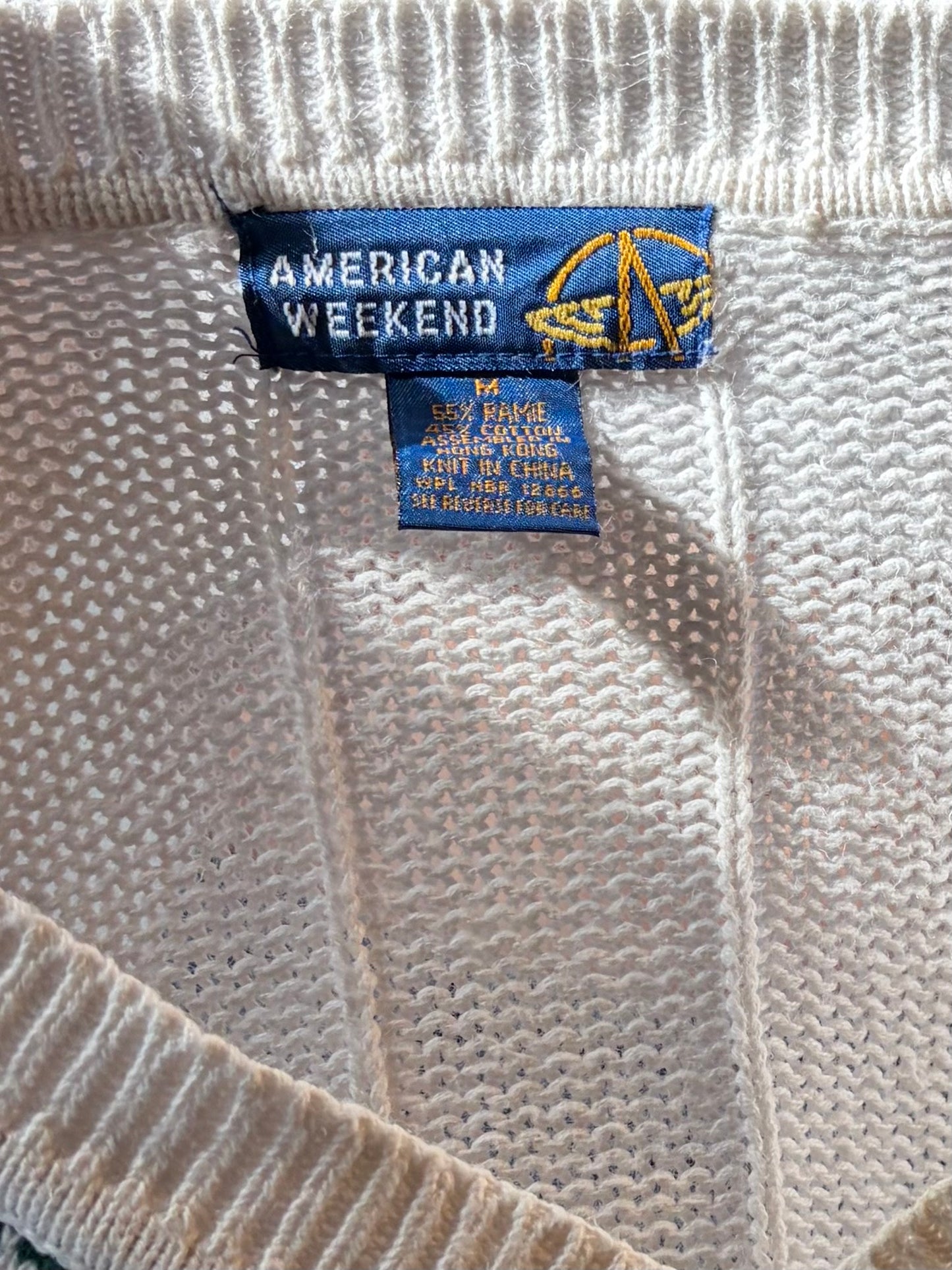 90s 'American Weekend' White V-Neck Sweater / Medium