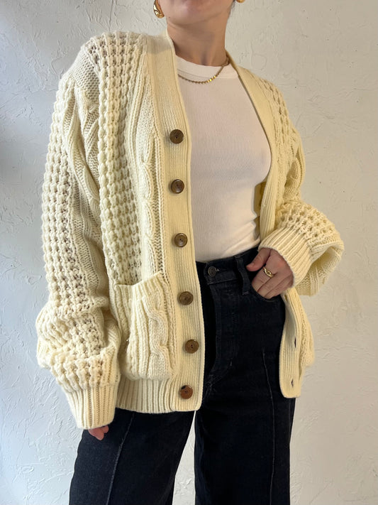 80s 'Sears' Acrylic Cream Cable Knit Cardigan / Medium