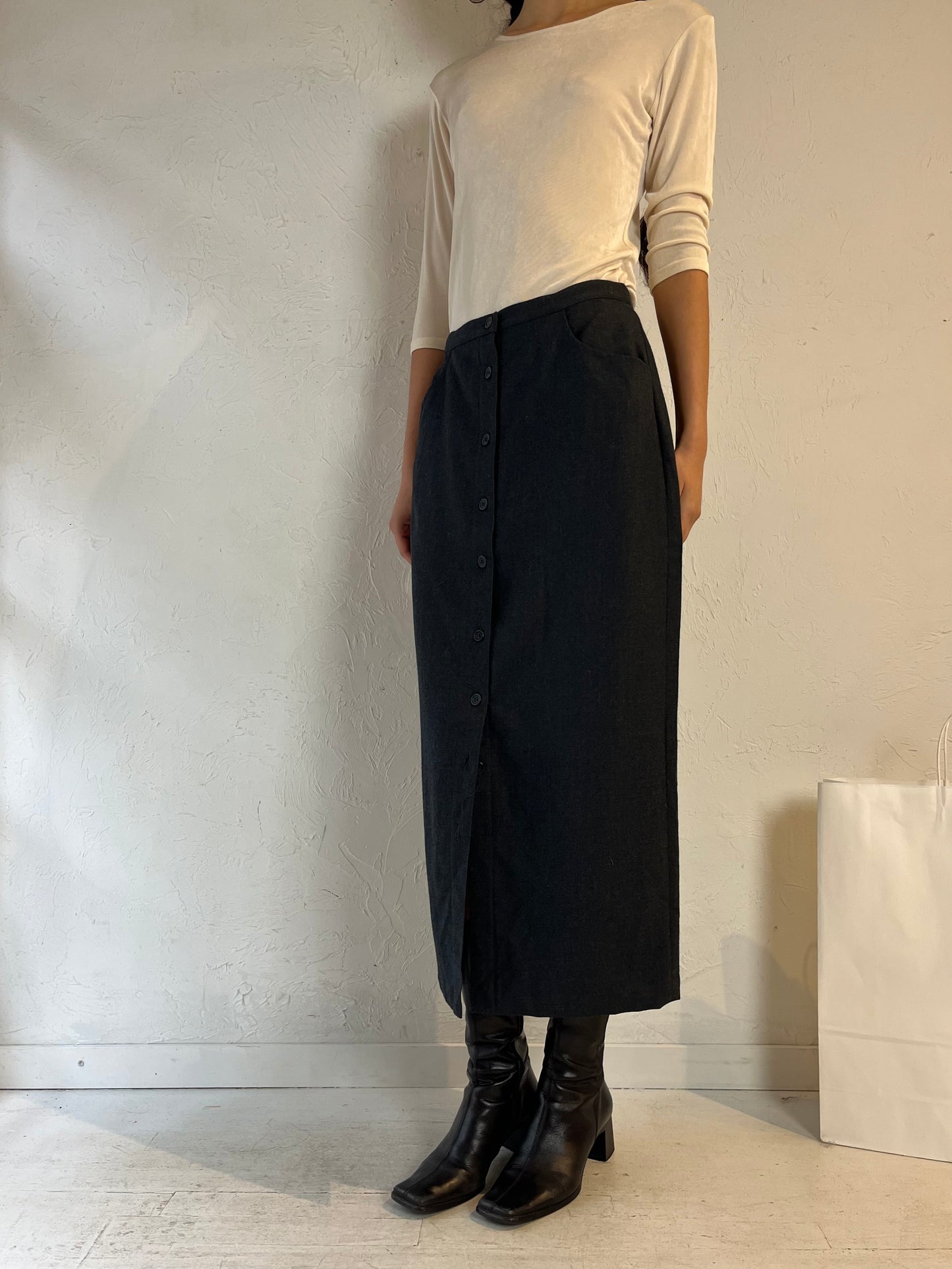 Y2K ‘J Crew’ Gray Wool Button Up Midi Skirt / Medium