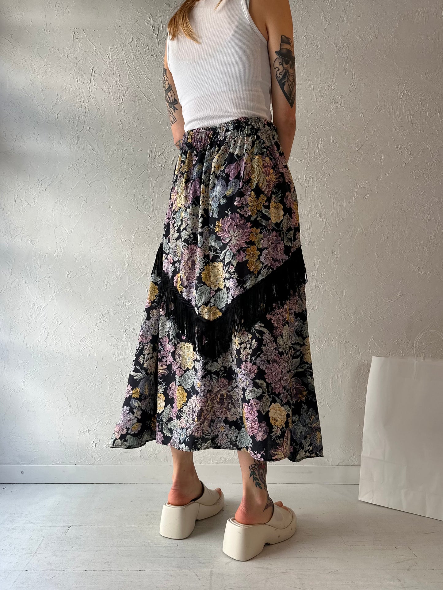 90s Floral Print Fringe Midi Skirt / Small - Medium