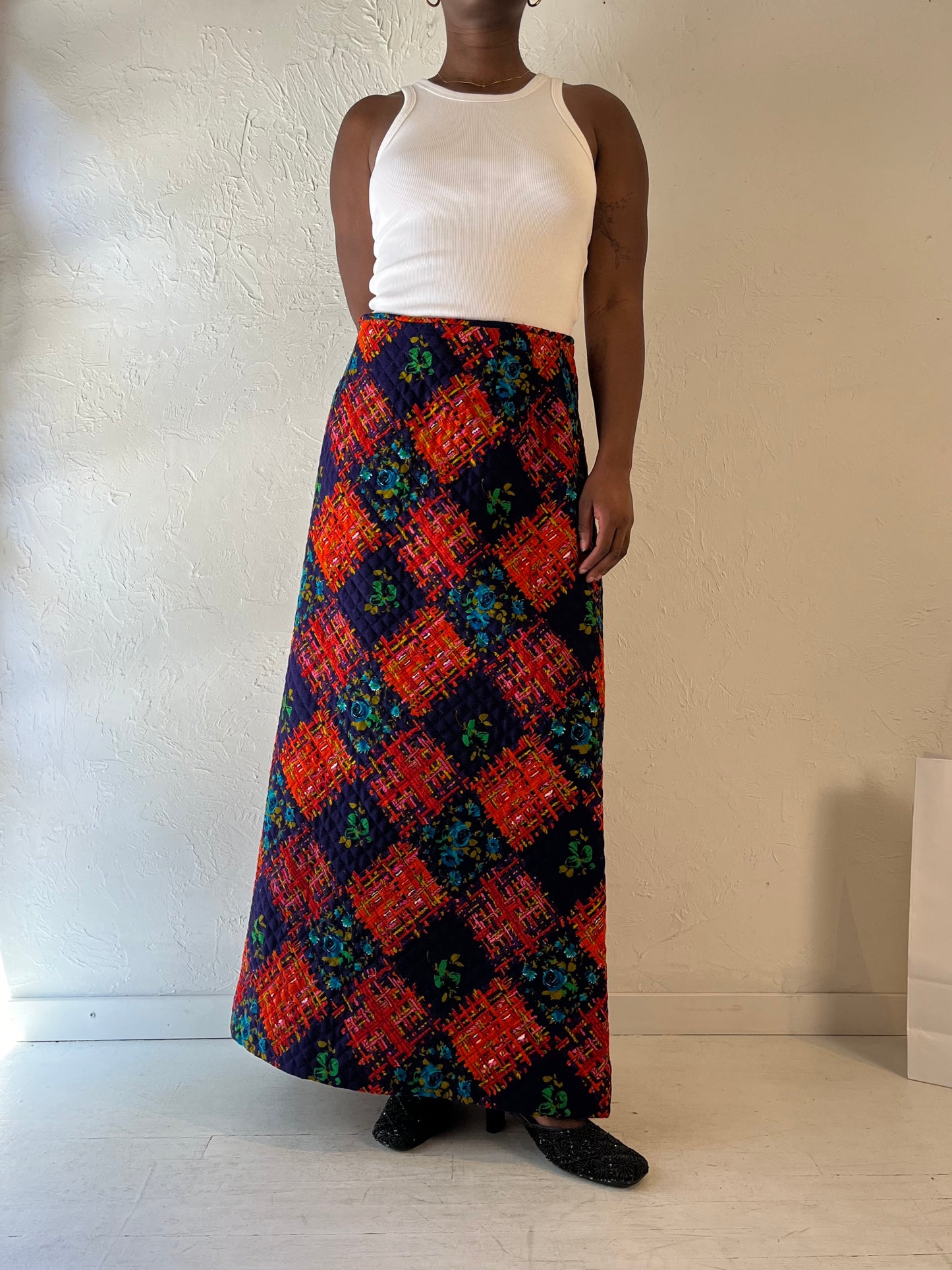 70s Handmade Quilted Maxi Skirt / Medium