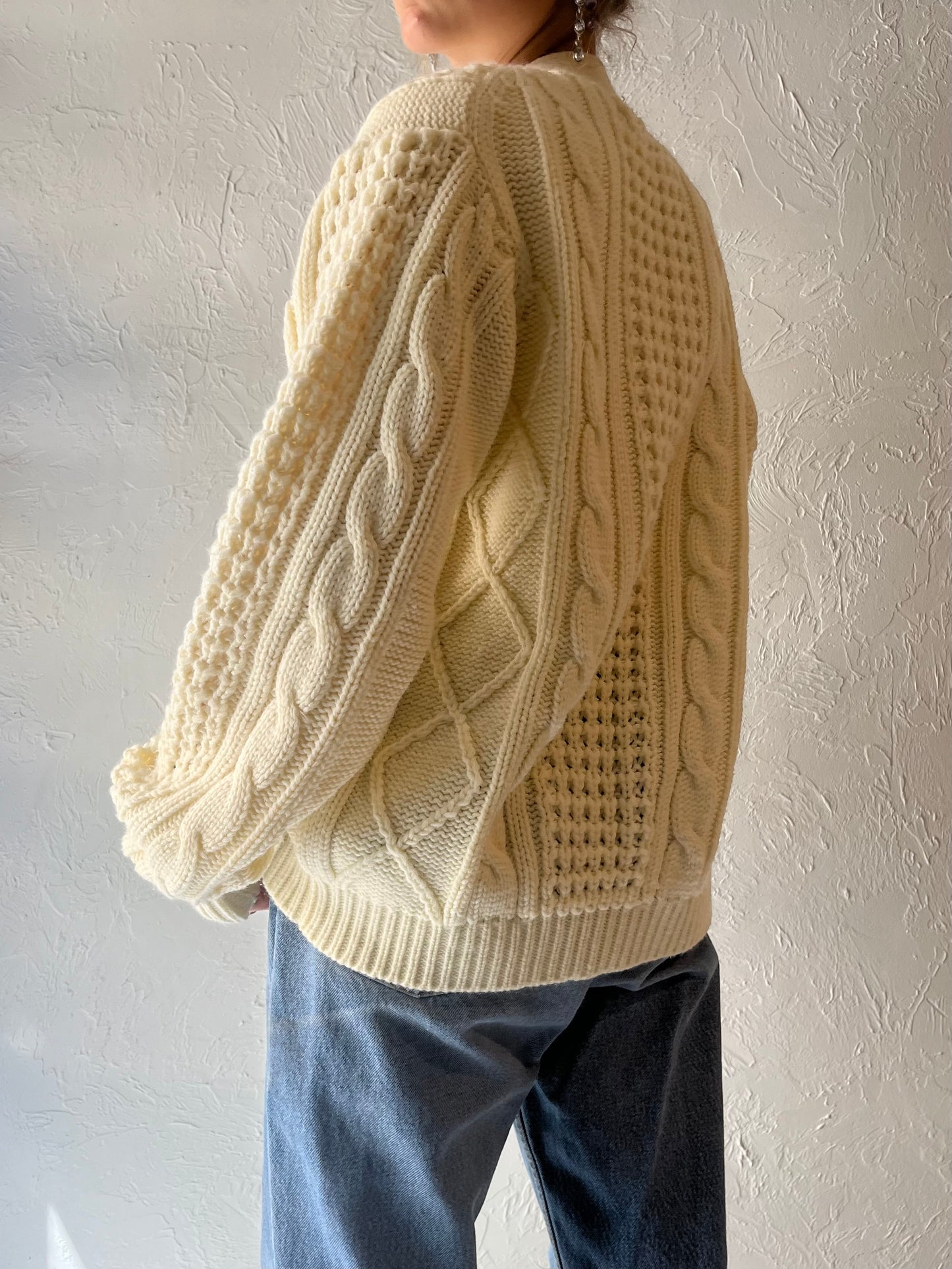 70s 'Sears' Cream Acrylic Cable Knit Cardigan Sweater / Medium