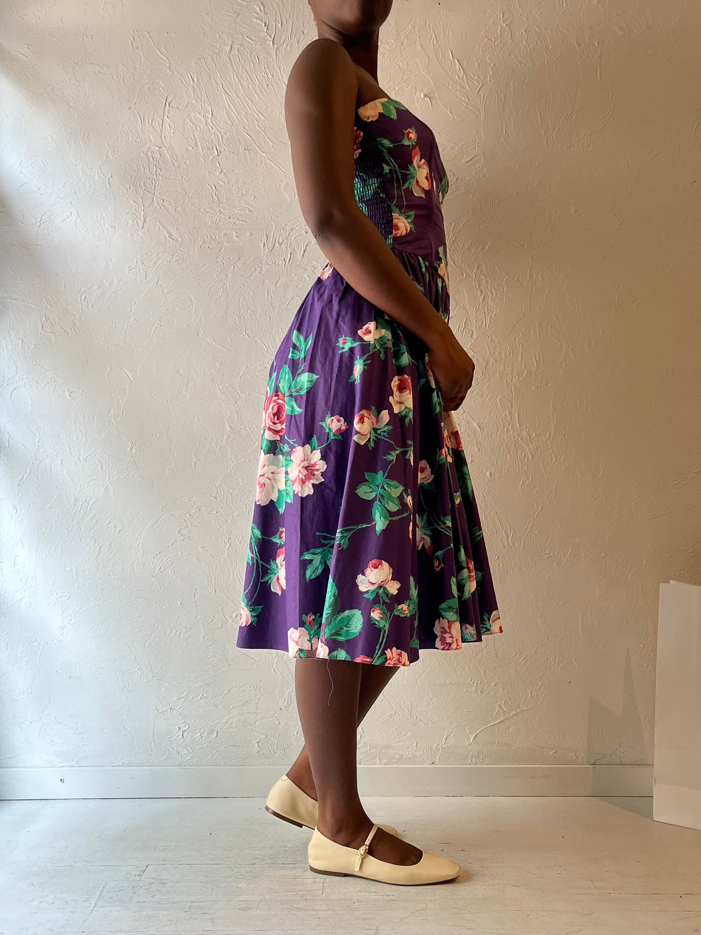 90s 'We Ltd' Purple Floral Print Strapless Dress / Small - Medium