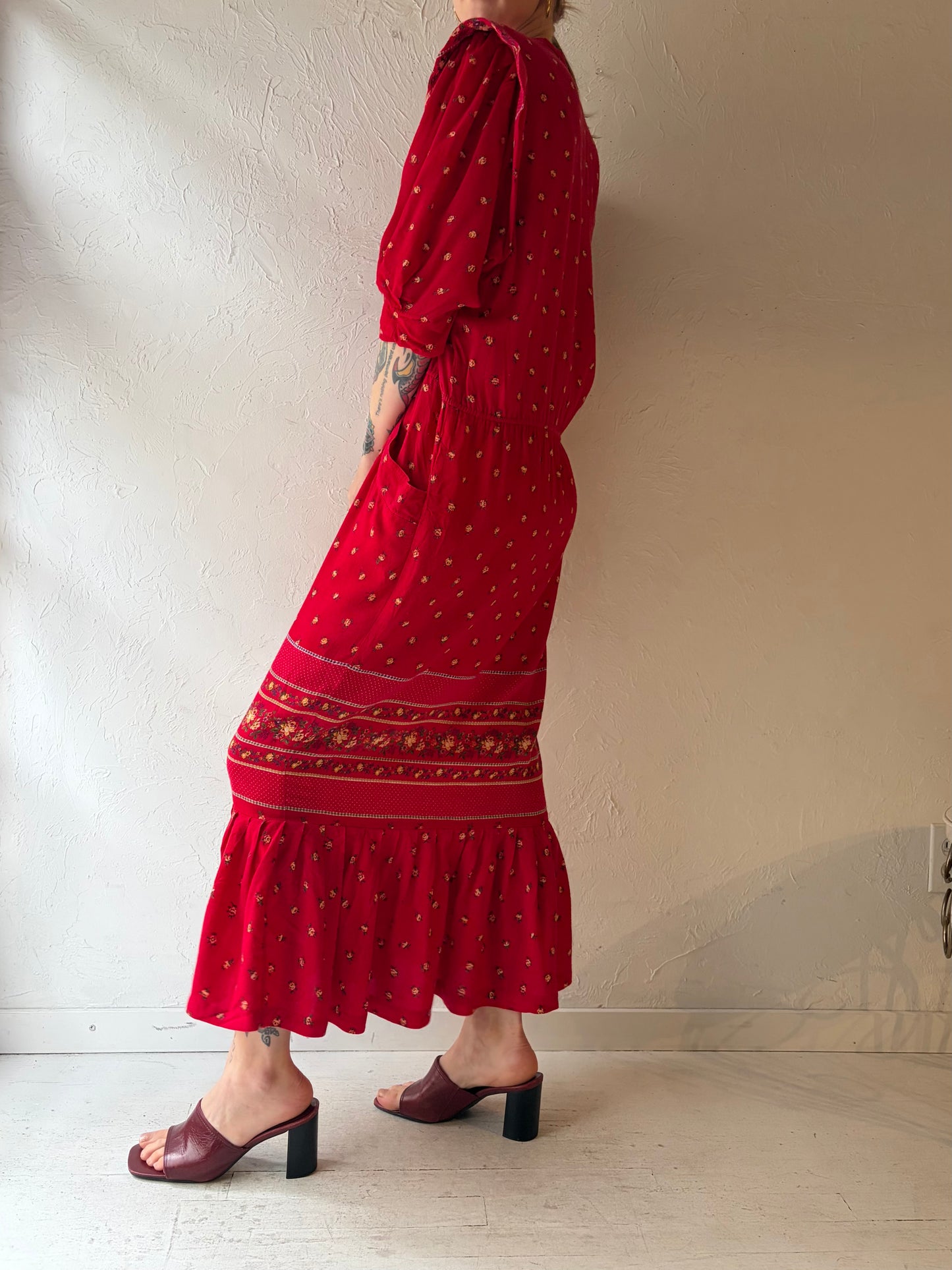 80s 'Choon' Red Floral Prairie-core Summer Dress / Medium