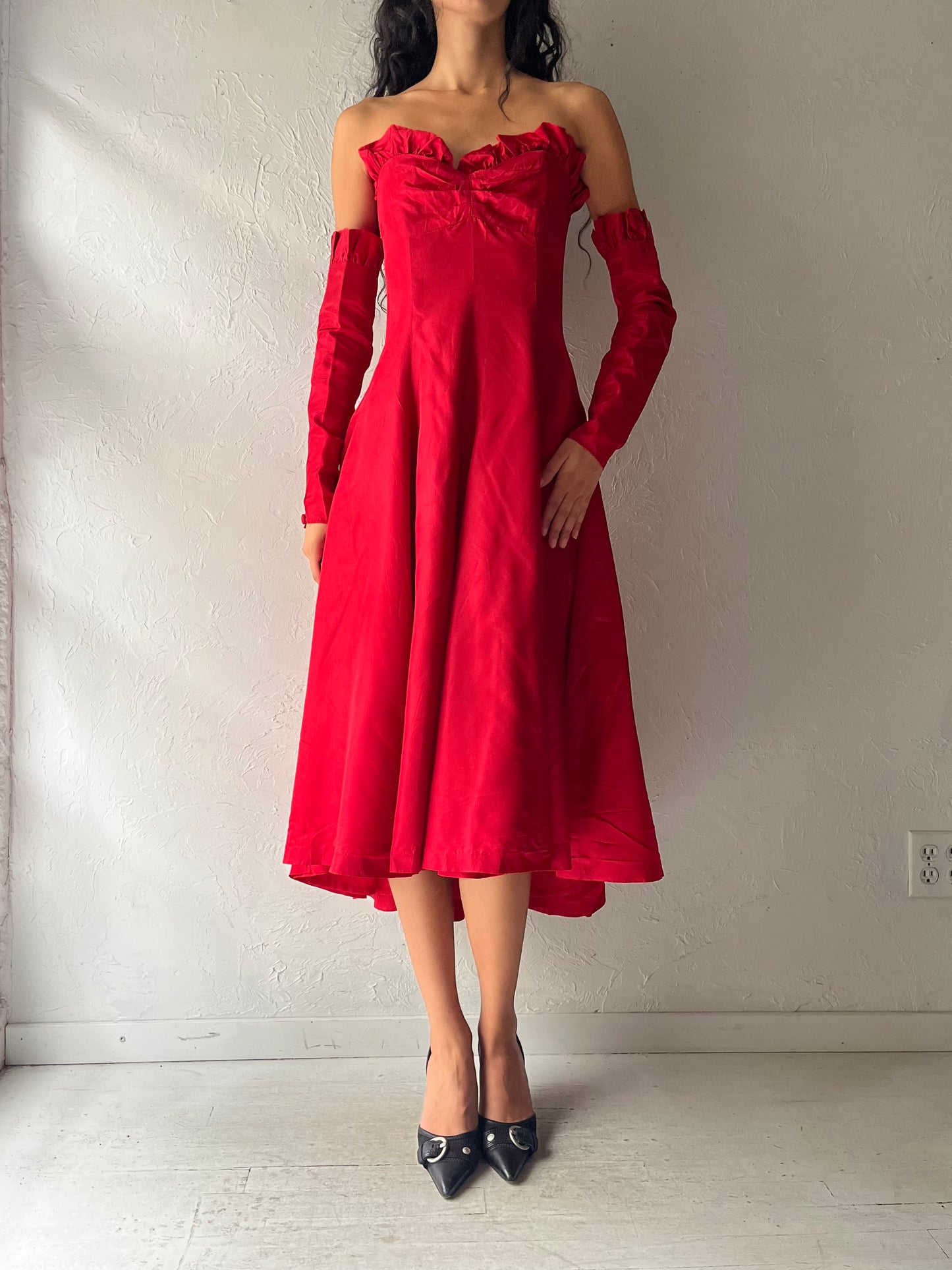 60s Red Strapless Formal Dress / Small