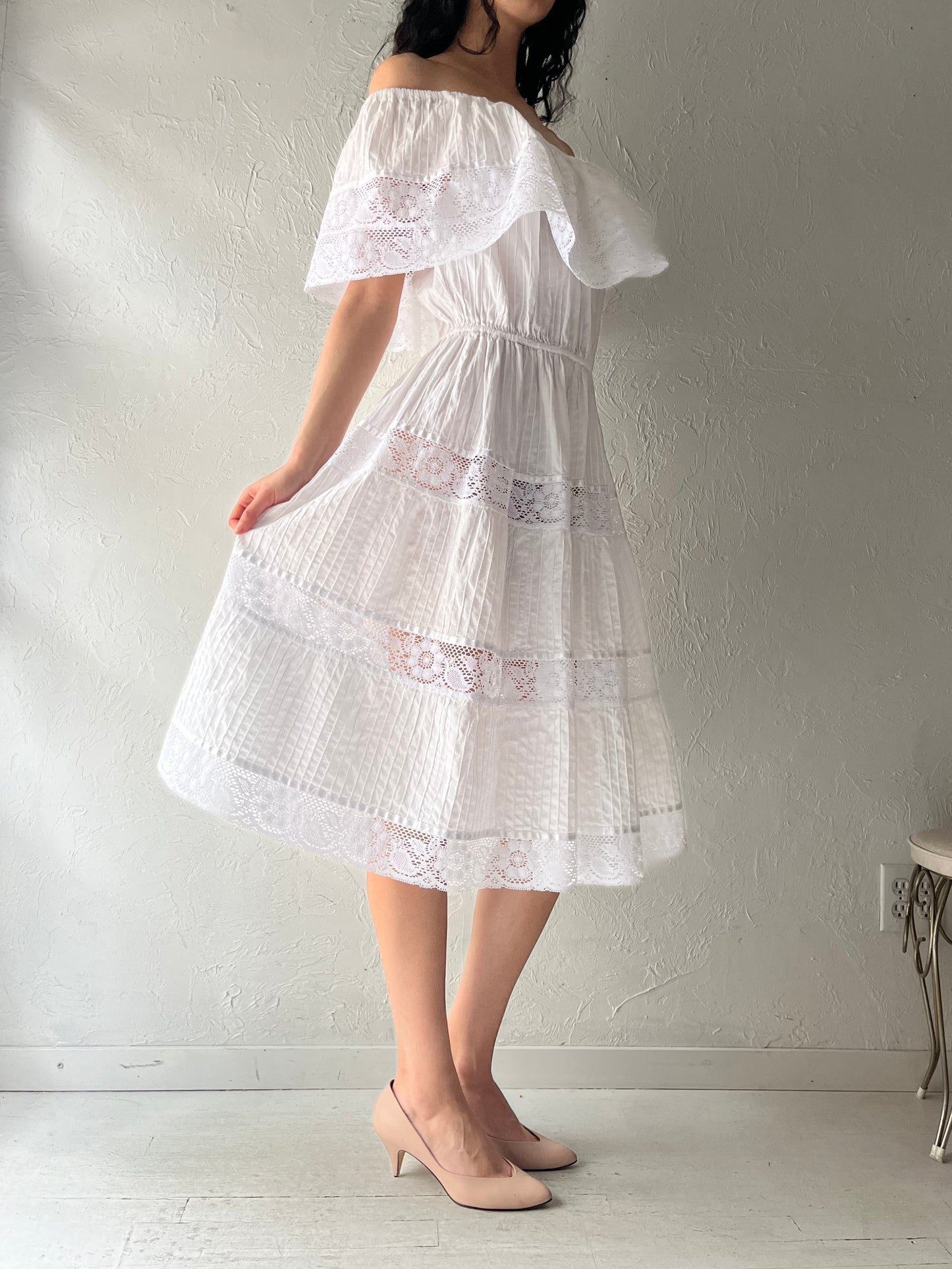 Vintage White Cotton Off the Shoulder Hippie Midi Dress / Small