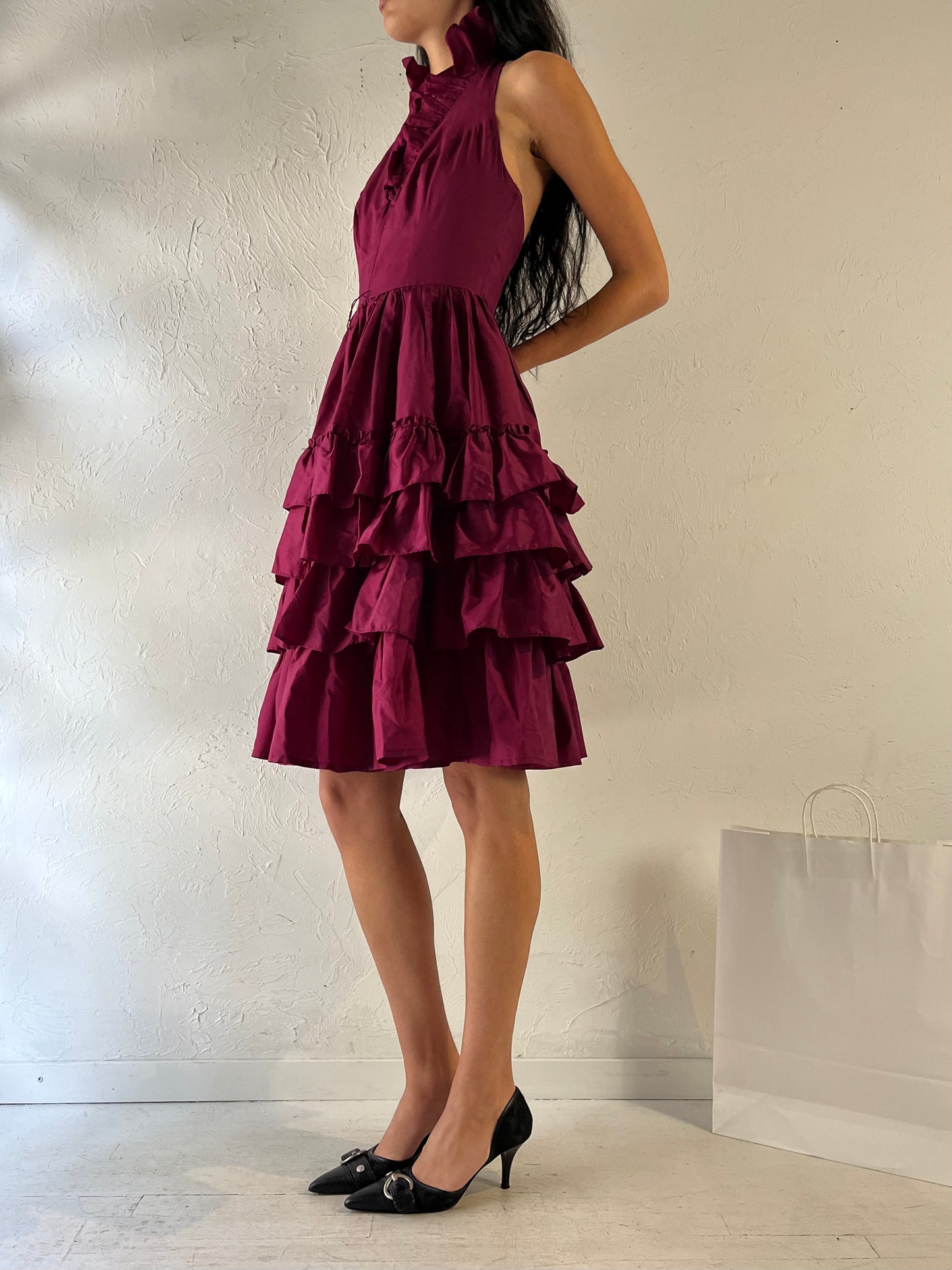 90s 'By Night' Plum Halter Ruffle Dress / Small