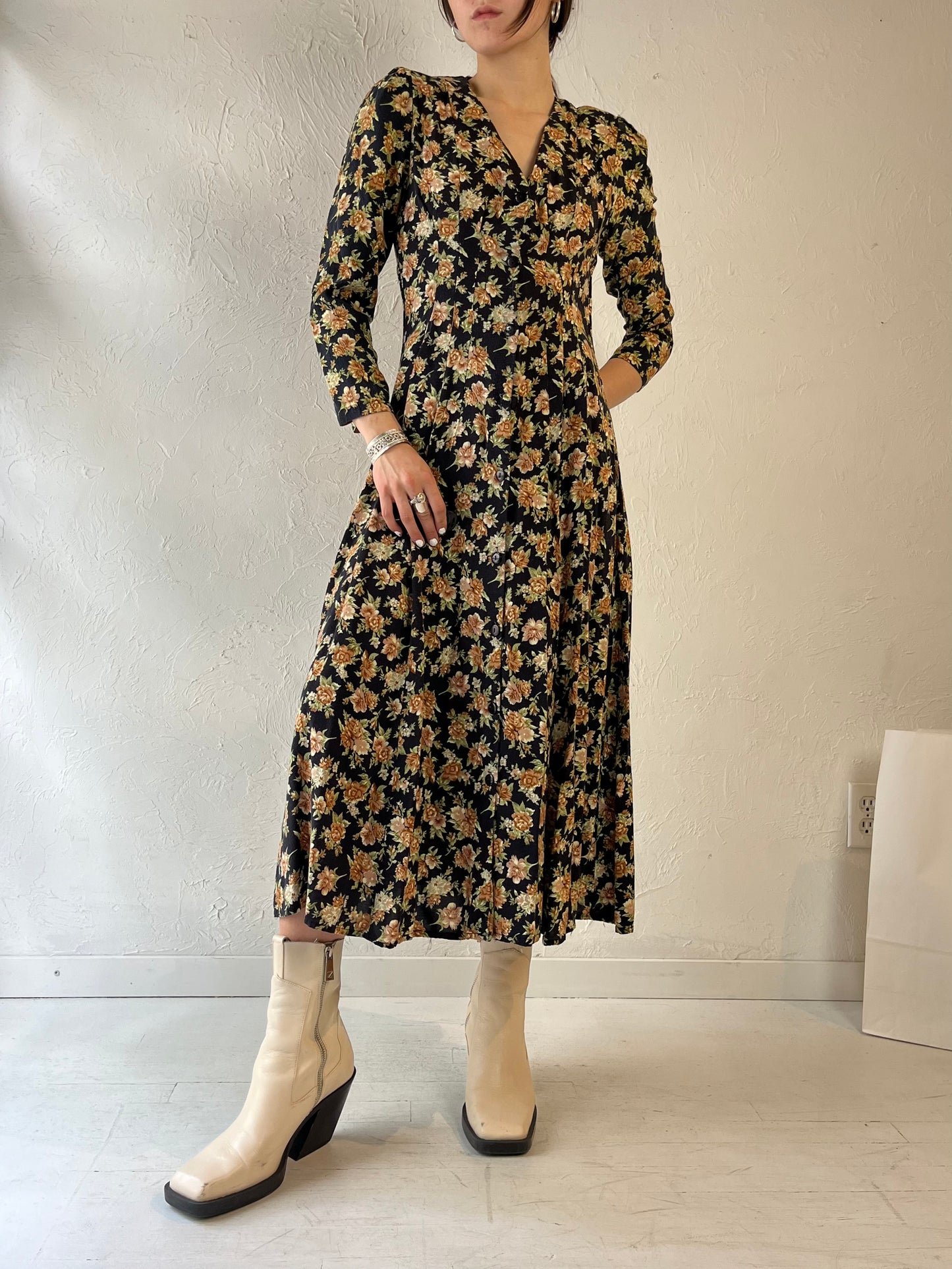 90s 'Chablis' Long Sleeve Floral Print Rayon Dress / Small