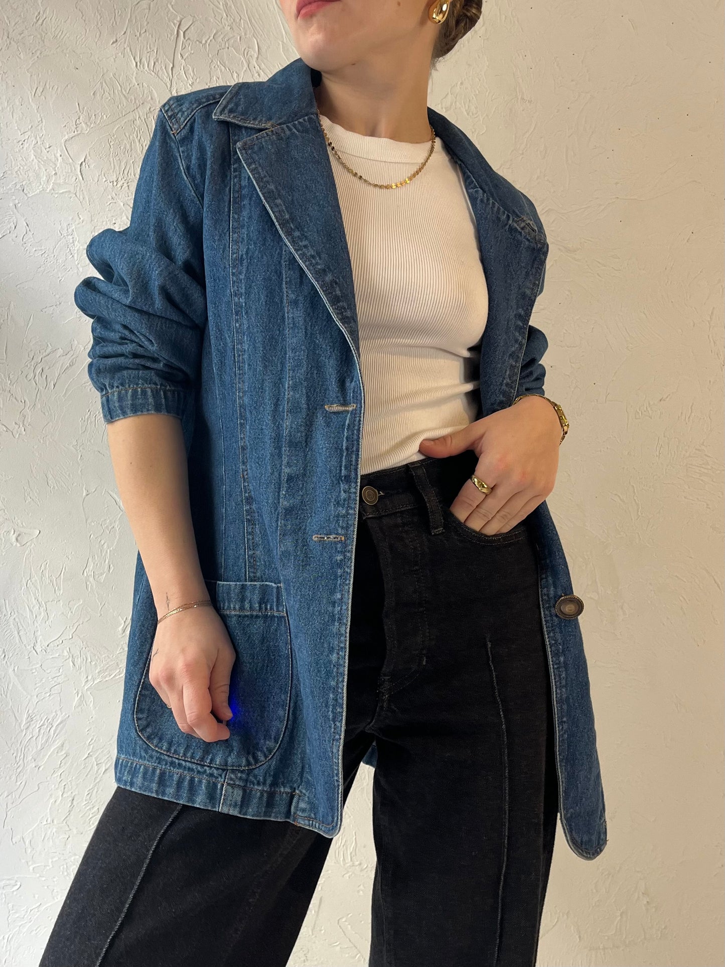 90s 'North Crest' Denim Blazer Jacket / Medium