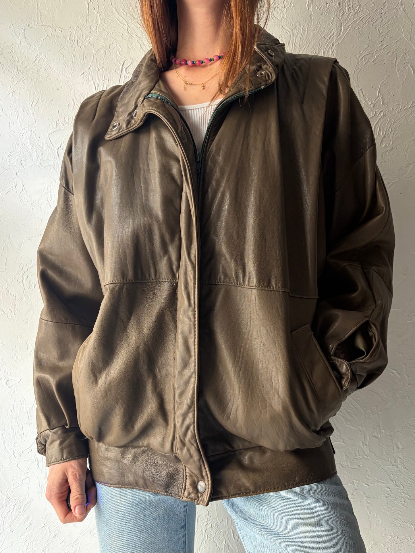 90s 'Le Chateau' Olive Green Leather Retro Bomber Jacket / Vintage 1990s Minimalist Street Wear Jacket / Medium/