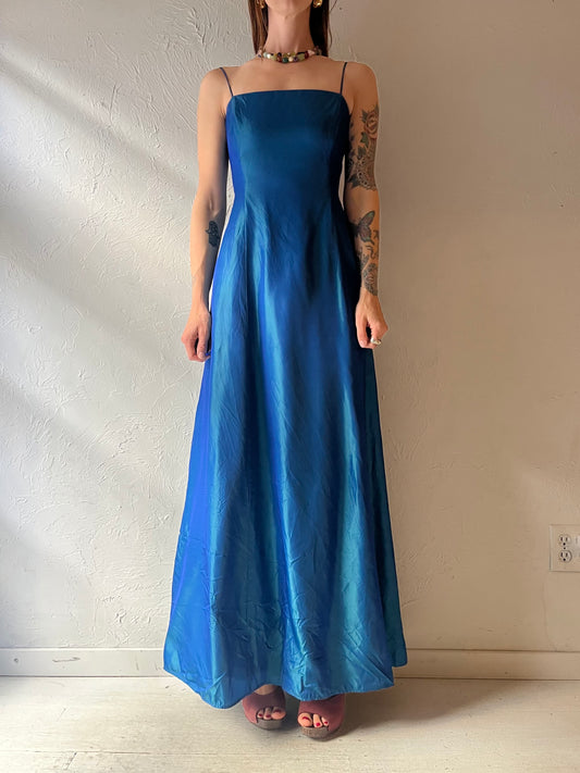 90s Blue Metallic Lace Up Formal Dress / Small