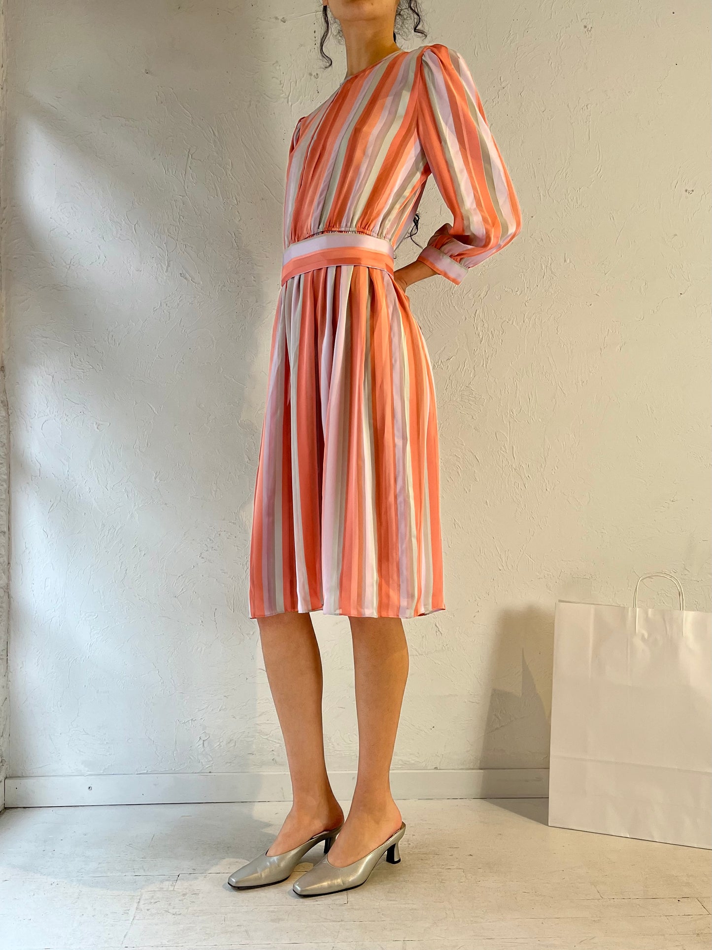 80s ‘Leslie Faye’ Striped Long Sleeve Dress / Medium