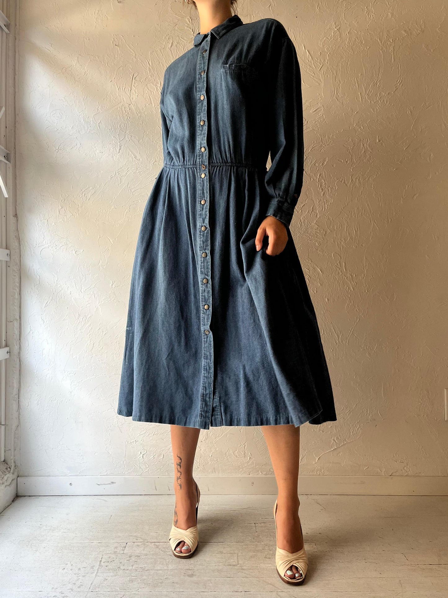 90s 'Alain Toussaint' Denim Western Cowgirl Long Sleeve Snap Up Cottagecore Dress / Medium