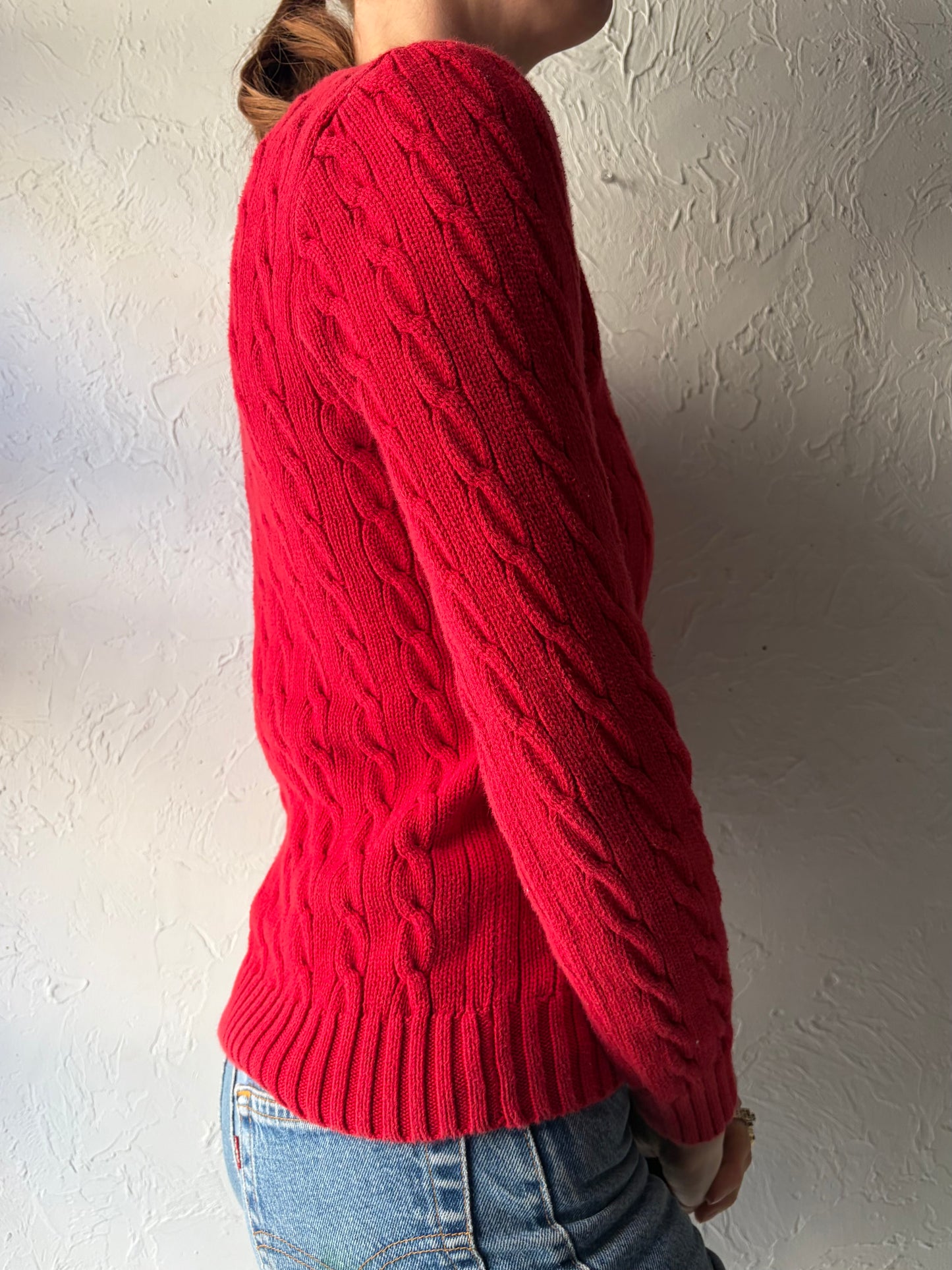 Y2k 'Ralph Lauren' Red Cable Knit Preppy Cotton Sweater / Medium