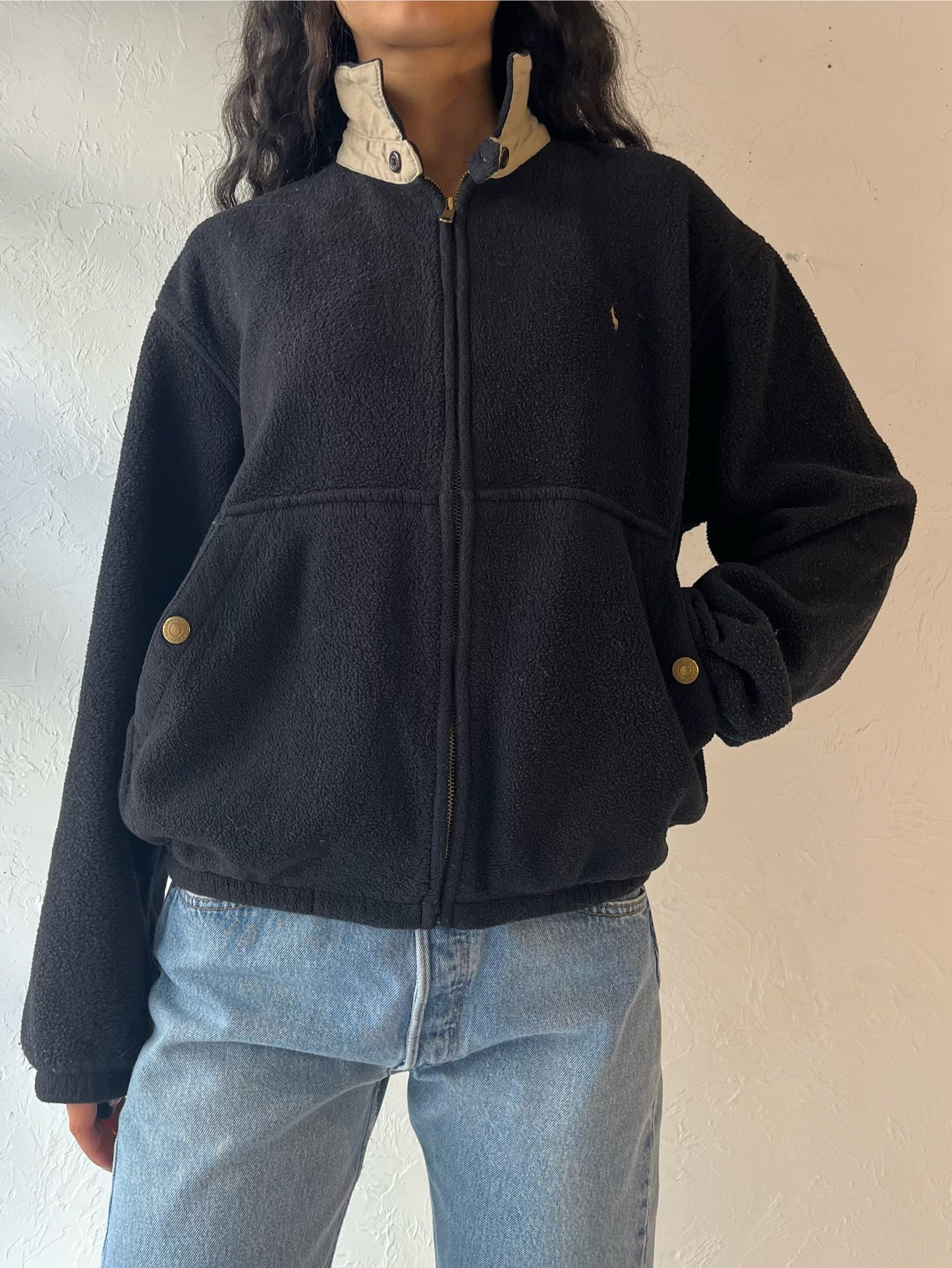 90s 'Ralph Lauren' Black Zip Up Fleece / Medium