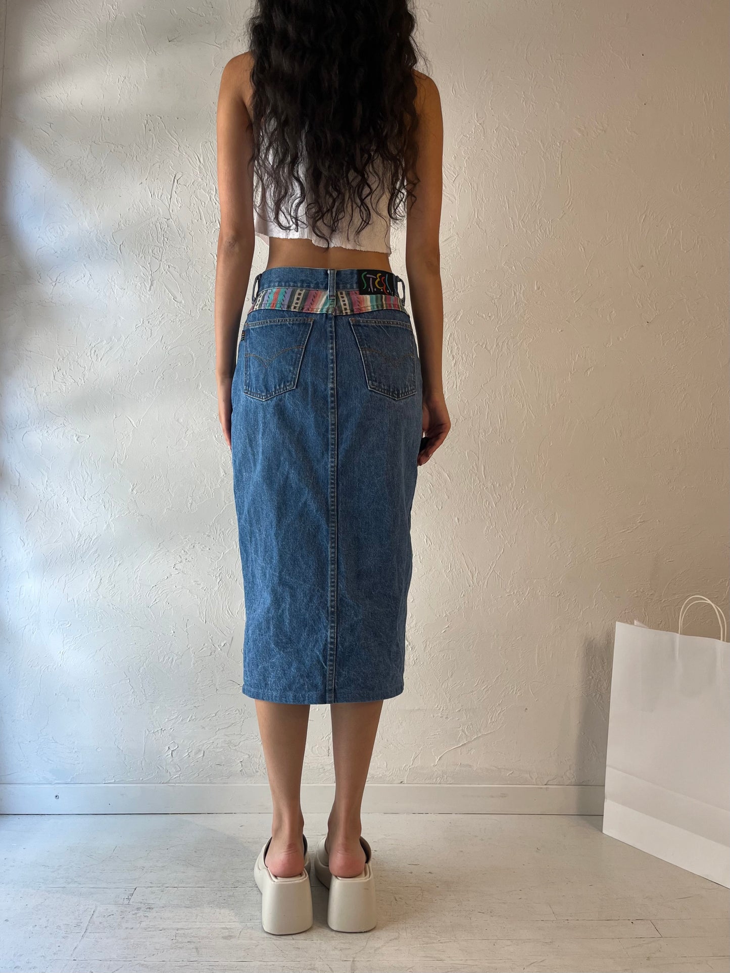 90s 'Steel' Denim Pencil Skirt / Small