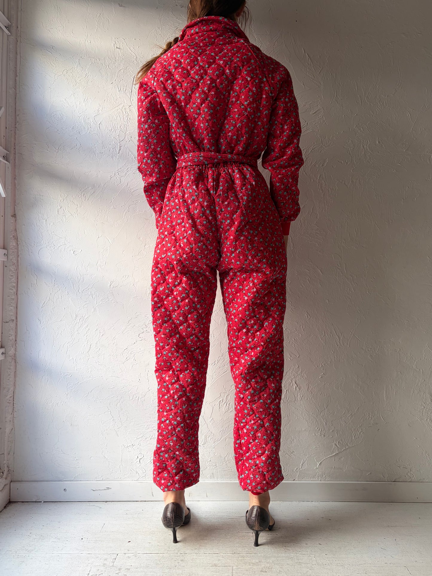 80s 'G. Caseratti' Red Floral Print Quilted Retro Cottagecore Jumpsuit / Small