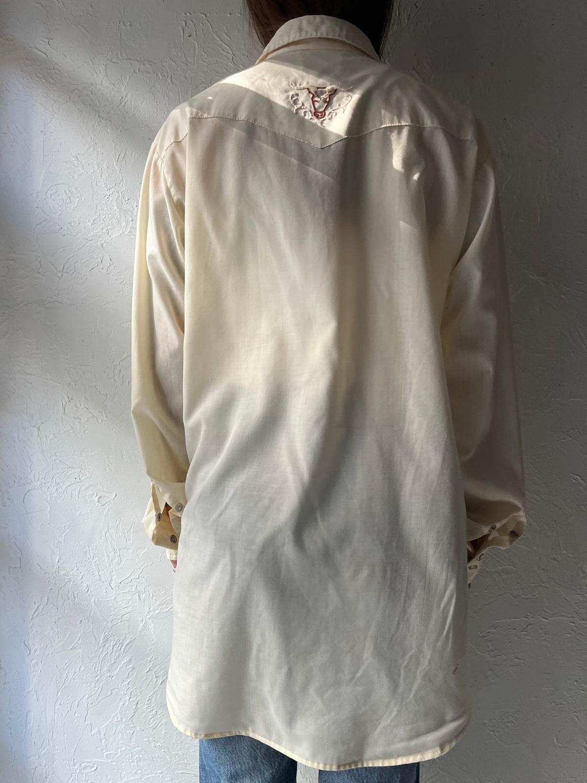 Y2k 'MWG' Cream Embroidered Western Cowboy Workwear Snap Up Shirt / Large