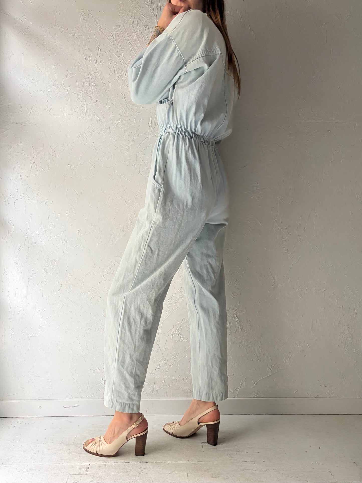 80s 'Ideas' Light Denim Retro Jumpsuit / Vintage 1980s Streetwear Jean One Piece / Small