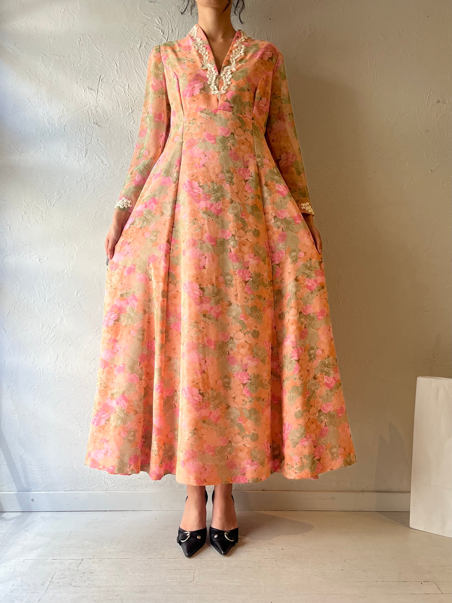 Vintage Handmade Floral Print Long Maxi Dress / Small