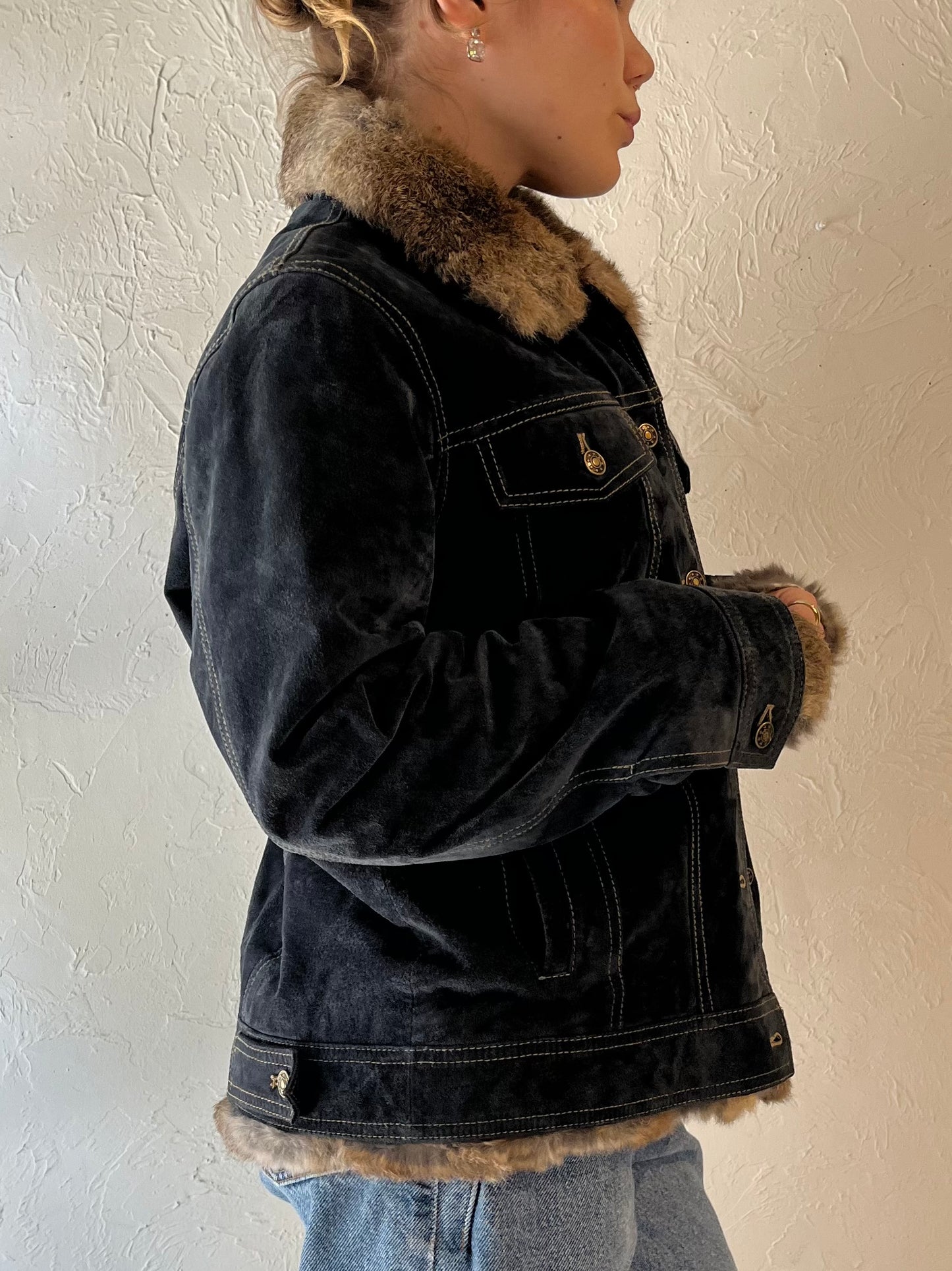 Y2k 'Wilsons Leather' Blue Suede Jacket with Rabbit Fur Trim / Medium