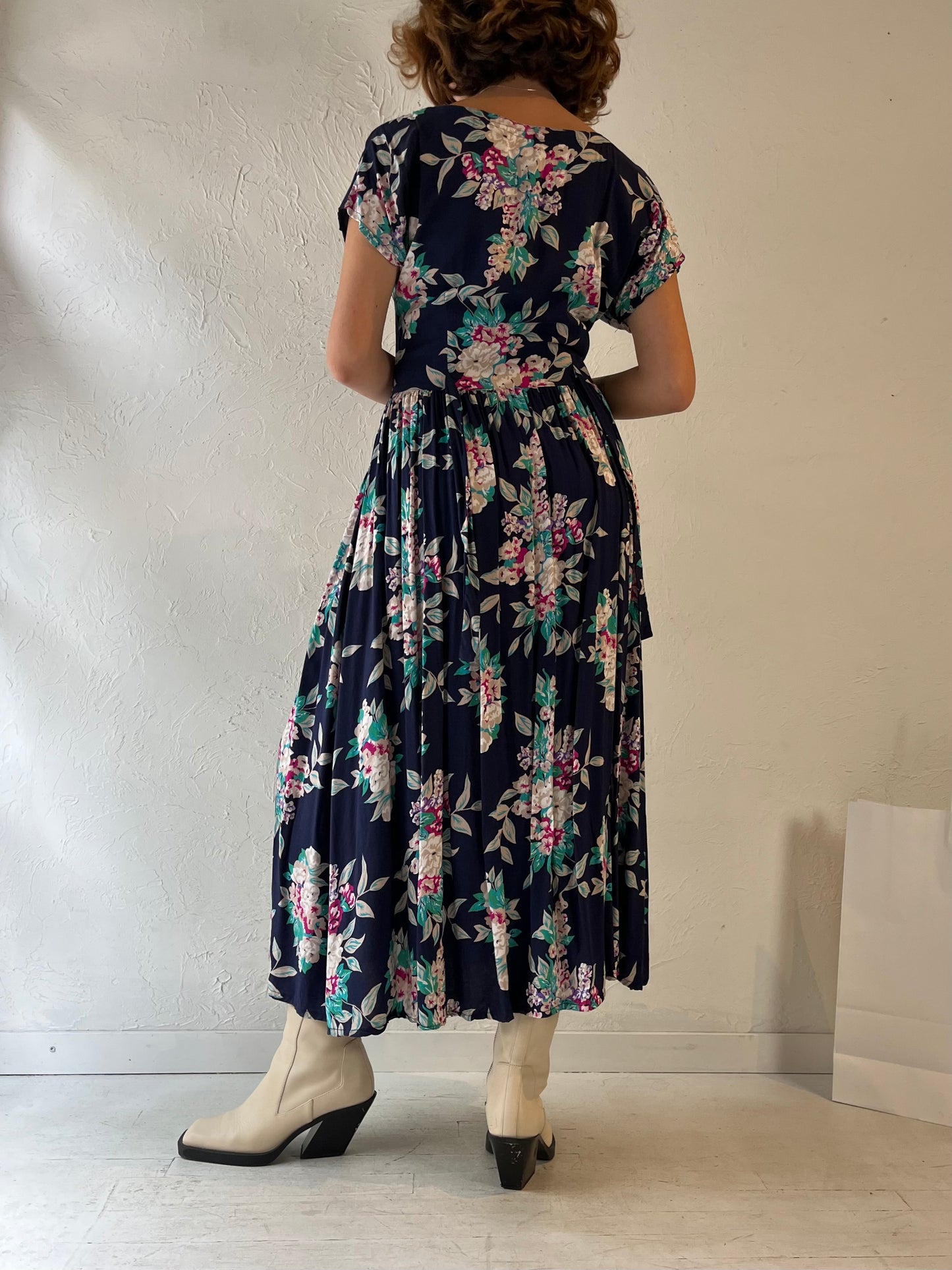 90s 'Cypress' Button Up Floral Print Dress / Medium