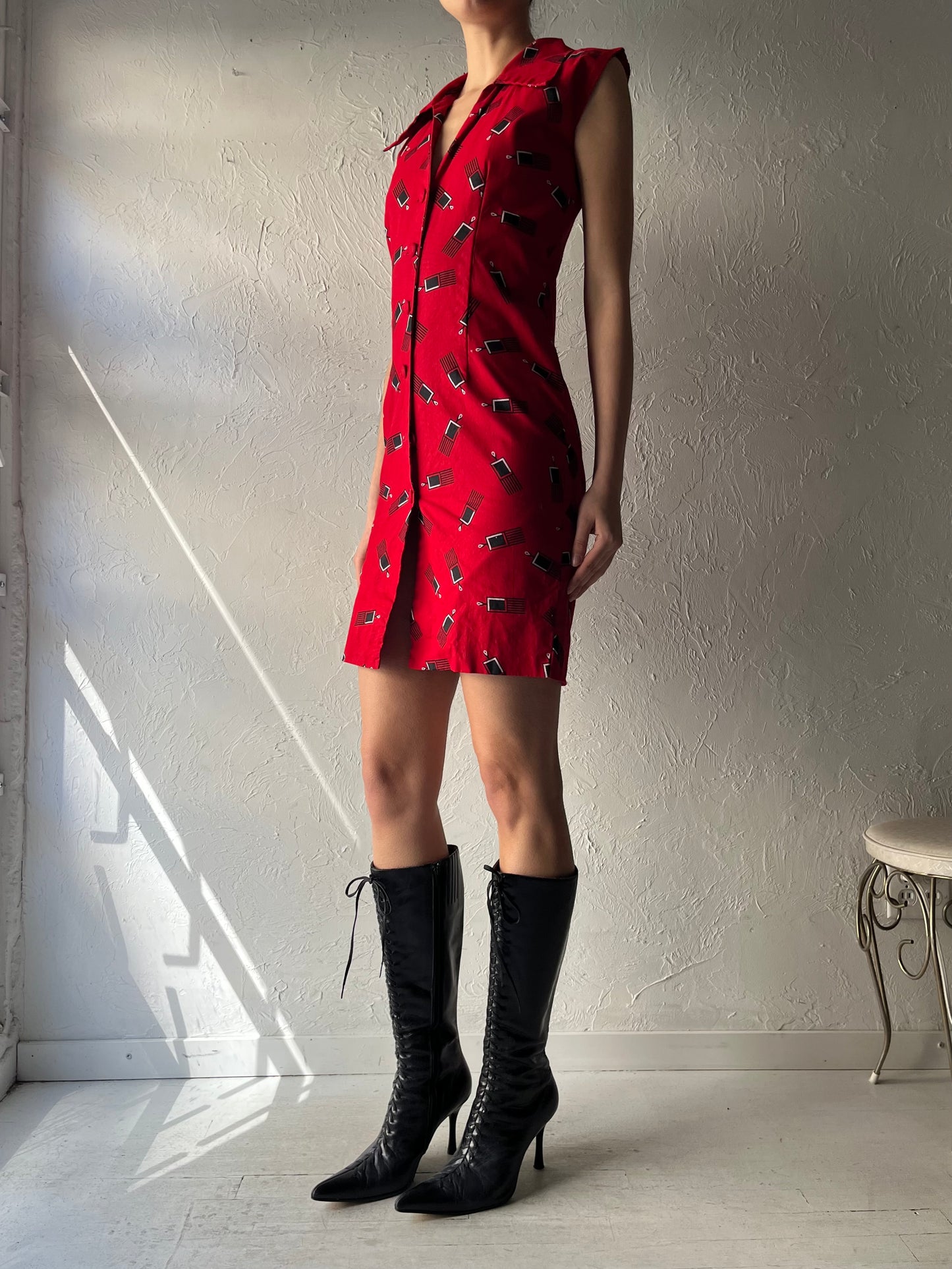 80s Red Patterned Collared Western Button Up Mini Dress / Small