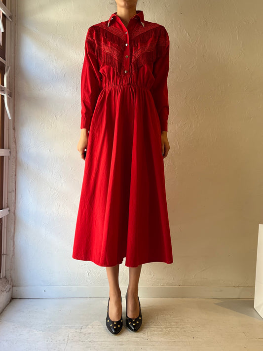 80s 'Lila Suilty' Red Fringe Western Dress / Small