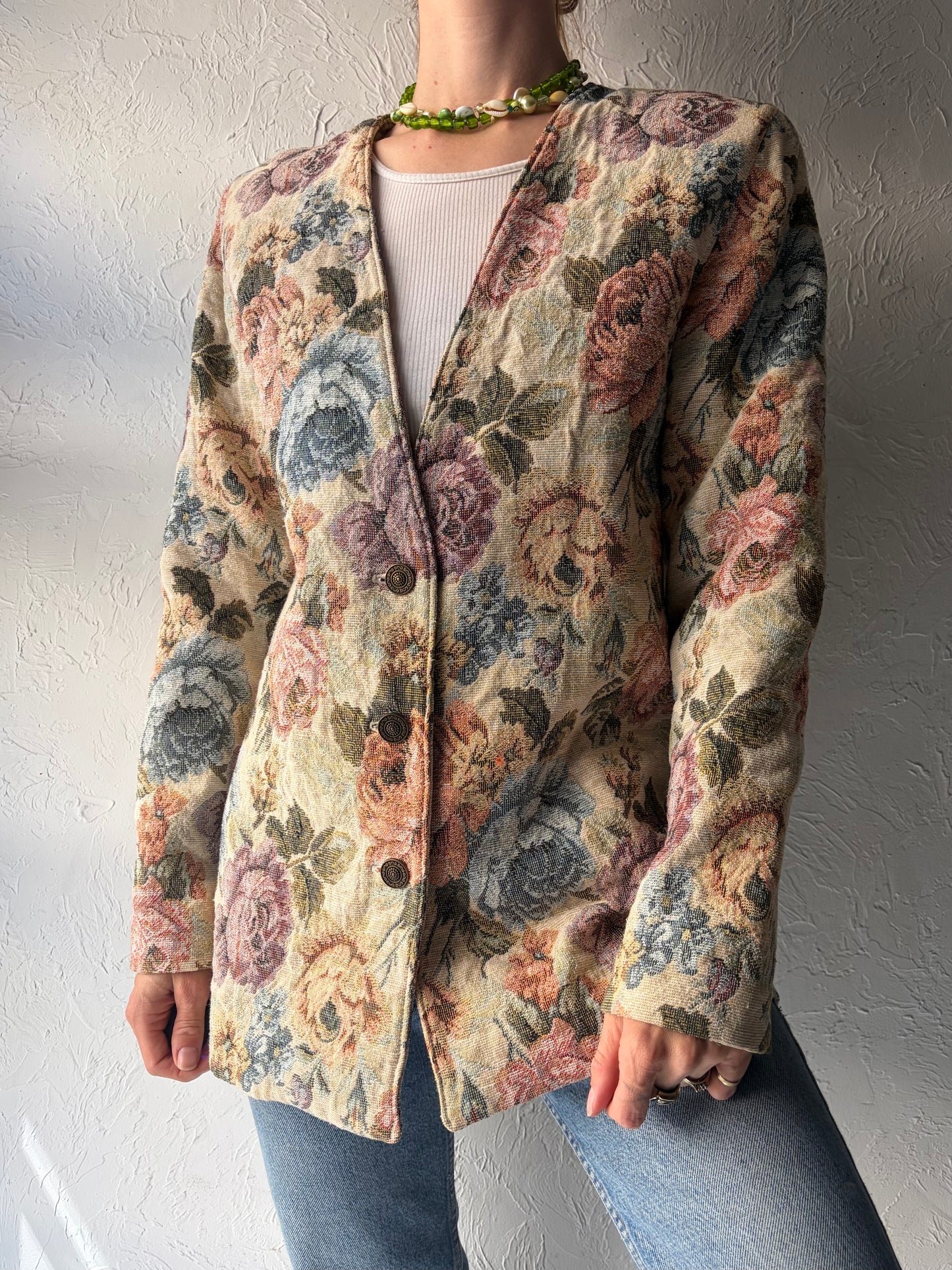 Vintage Cream Retro Floral Tapestry Jacket / Medium