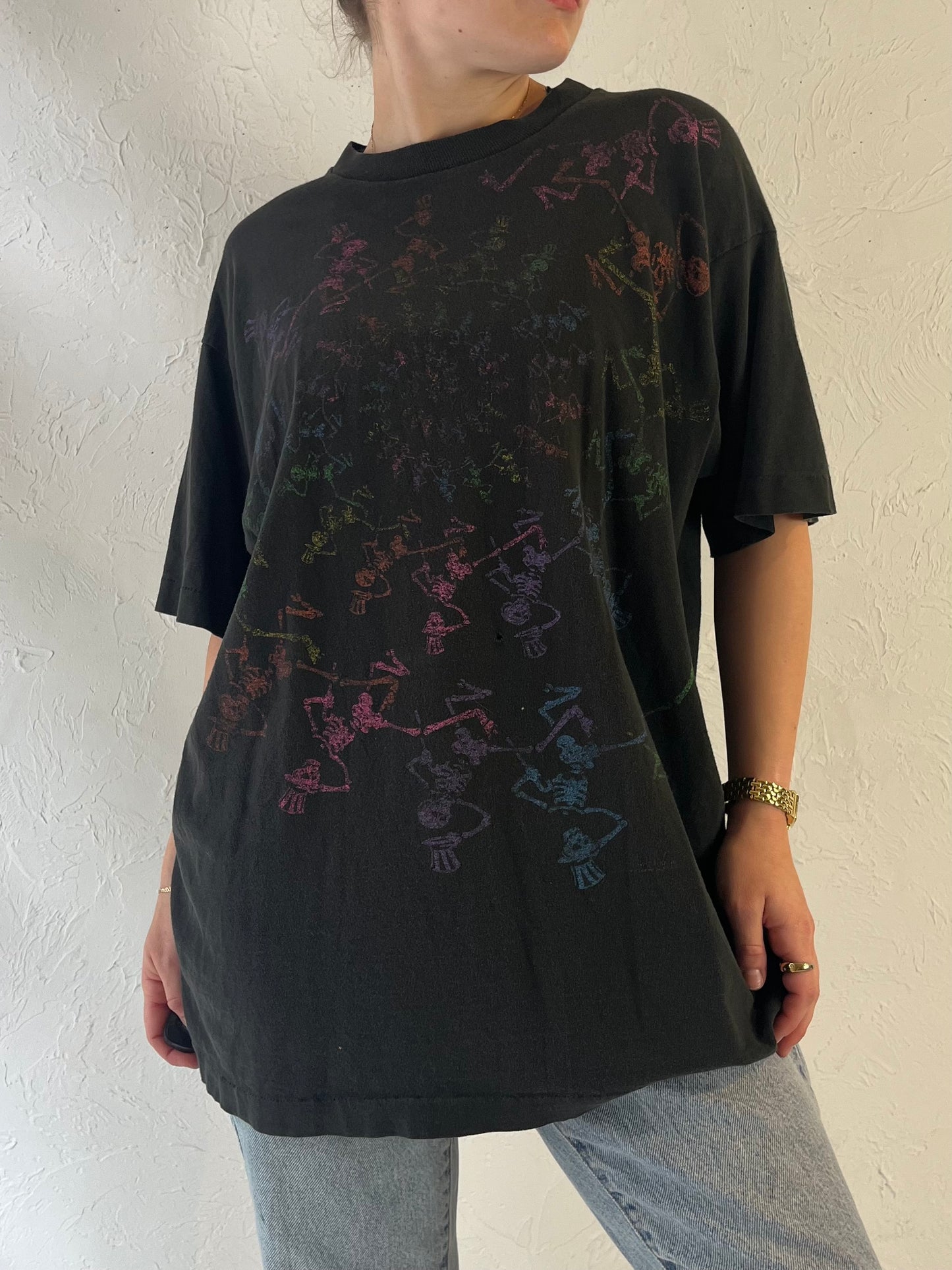 90s 'Grateful Dead' GDM Brokum T-Shirt Dancing Skeletons Spiral Rainbow / Large